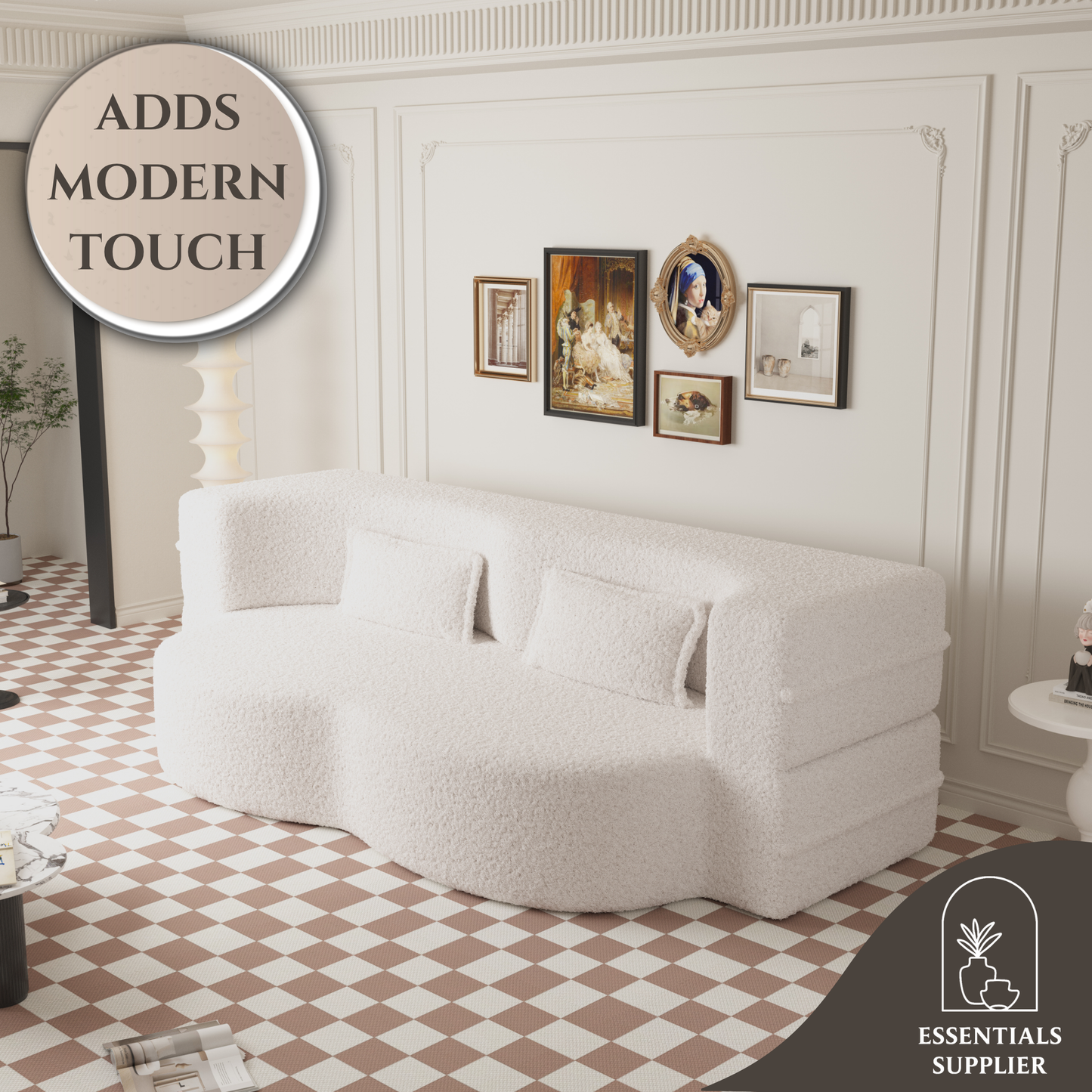 Modern Beige Teddy Fabric Floor Sofa Bed with 2 Pillows – Convertible & Space-Saving
