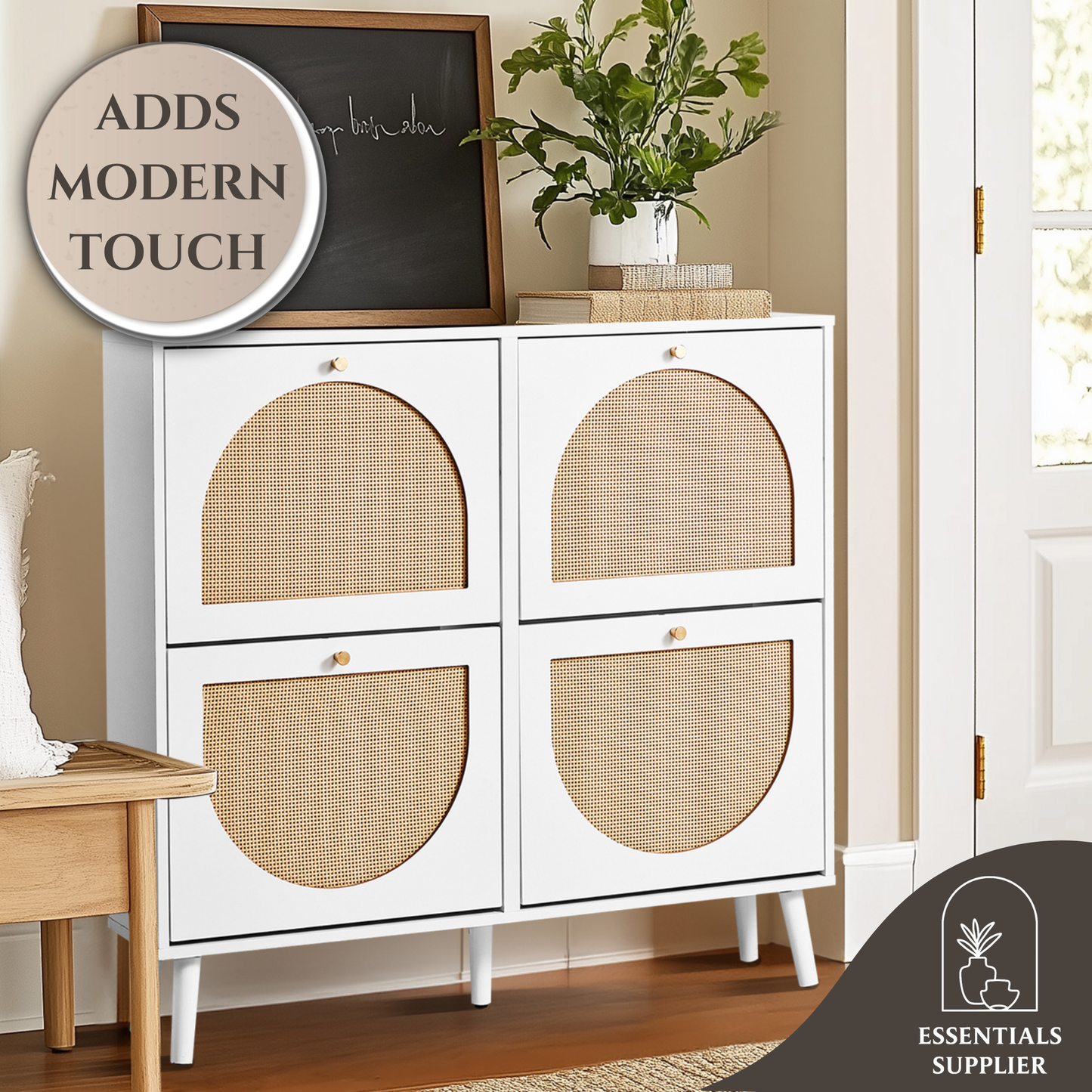 2-Row 4-Bucket Rattan Shoe Cabinet, White & Wood Finish w/ Gold High Legs