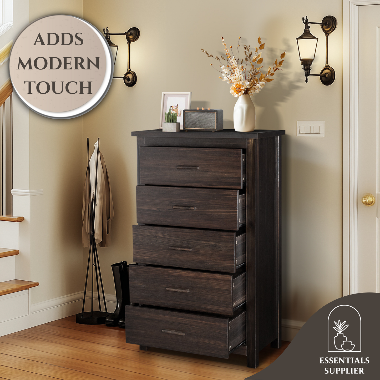 Vertical 5-Drawer Chest, Brown MDF with Wood Veneer, 73x40x120cm Storage Unit