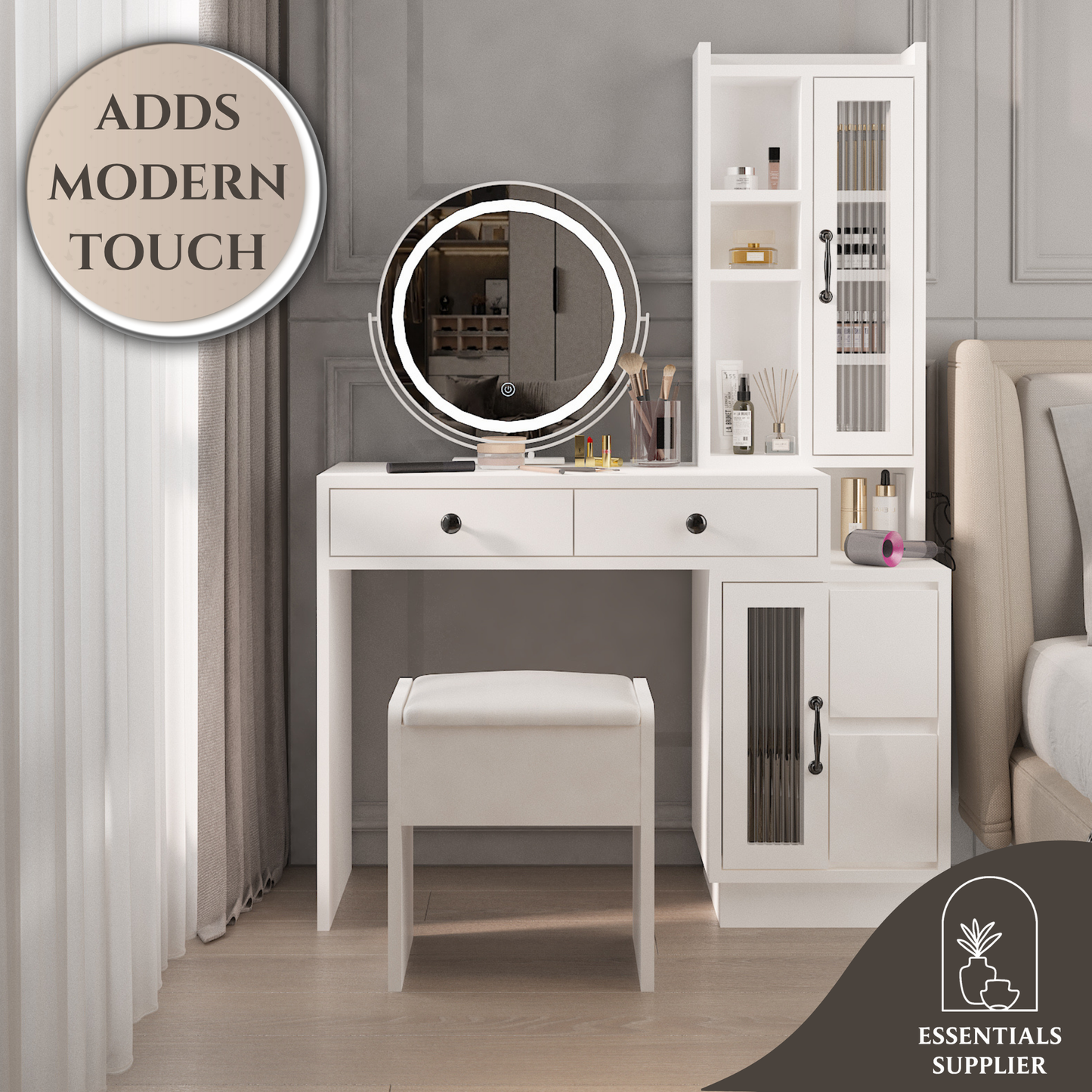 Modern Vanity Table Set w/ LED Mirror, Side Cabinet & Outlets, 3 Lights