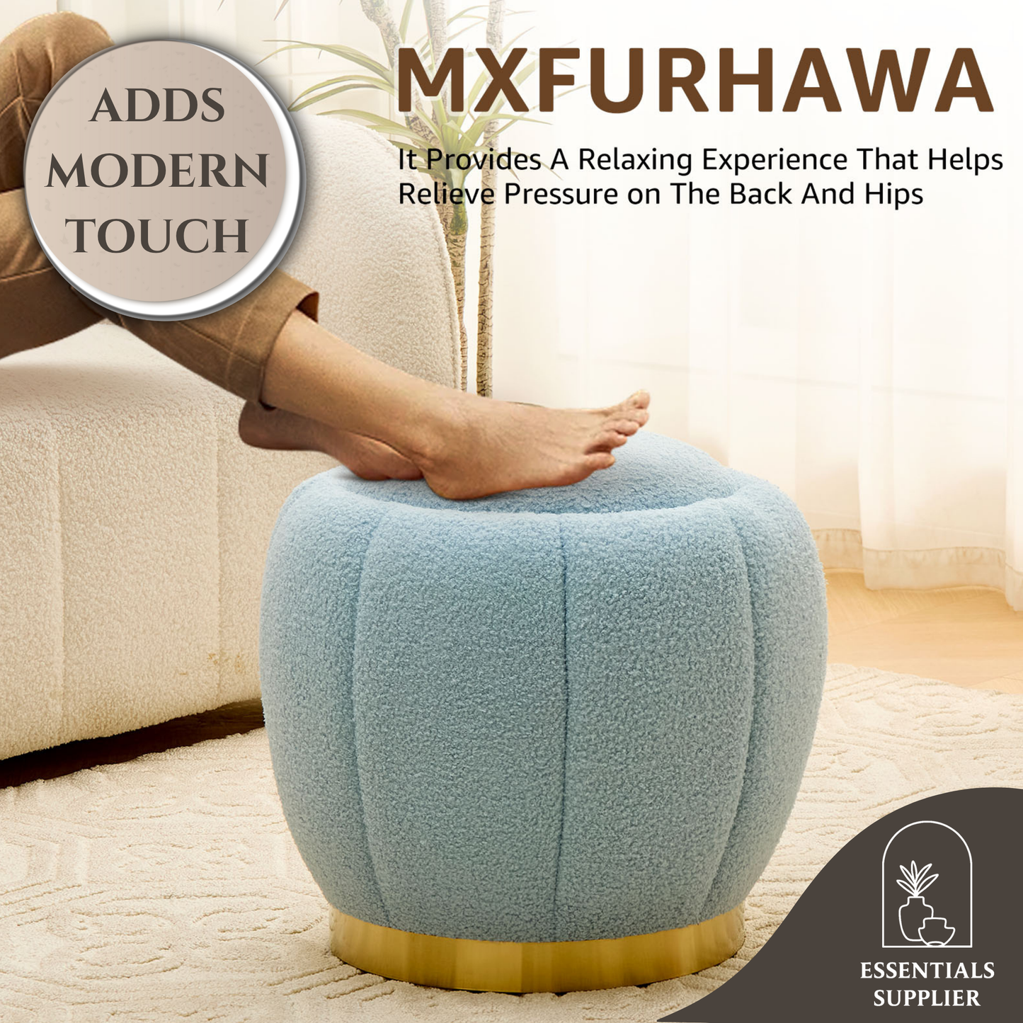 Modern Round Storage Ottoman Footrest with Soft Seat, Velvet Stool Accent, Blue