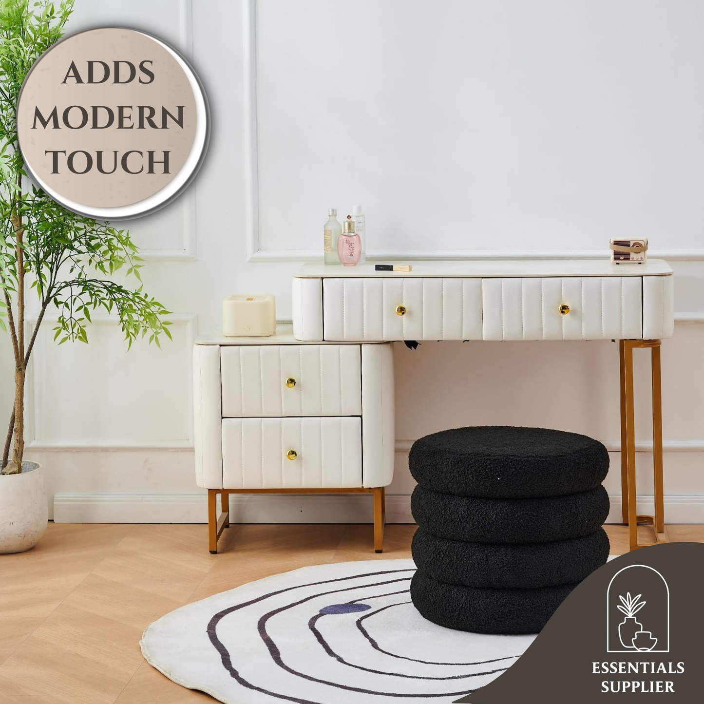 Round Shape Storage Ottoman Stool with Flip Tray, Vanity & Footrest Chair, Black