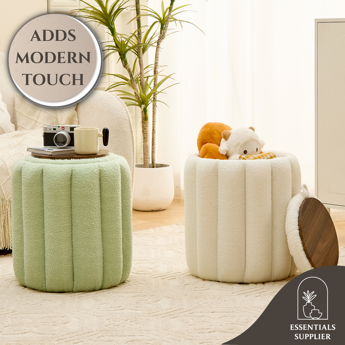 Teddy Velvet Ottoman with Storage, Round Padded Foot Stool for Makeup Room