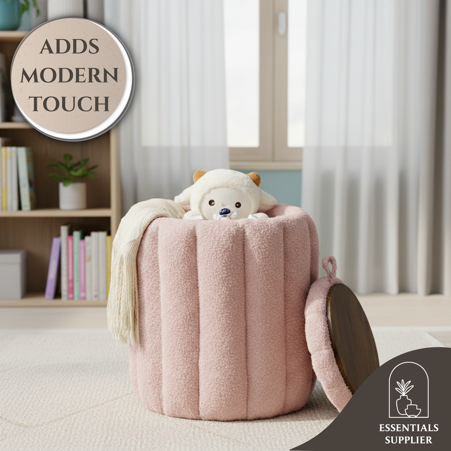 Teddy Velvet Ottoman with Storage, Round Padded Foot Stool for Makeup Room, Pink