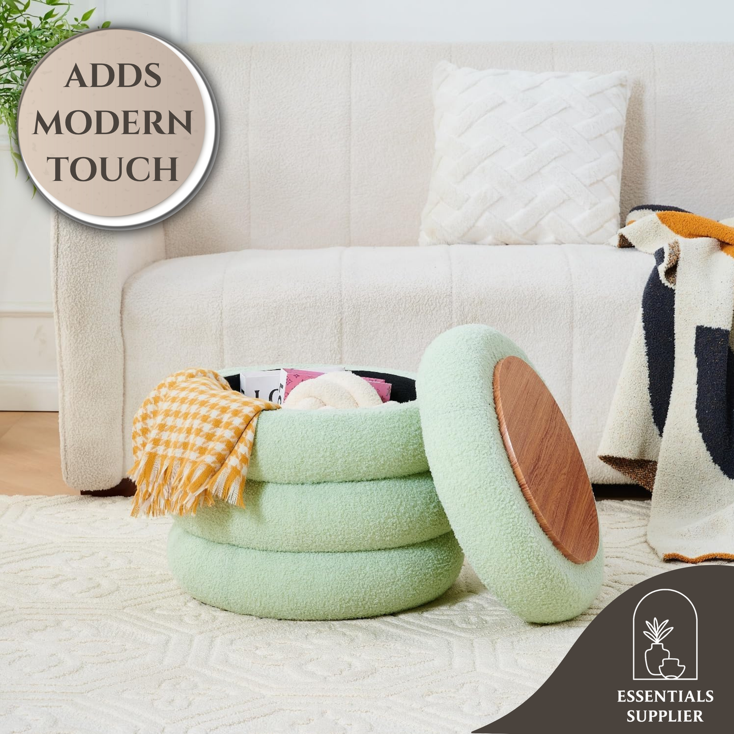 Round Shape Storage Ottoman Stool with Flip Tray, Vanity & Footrest Chair, Green