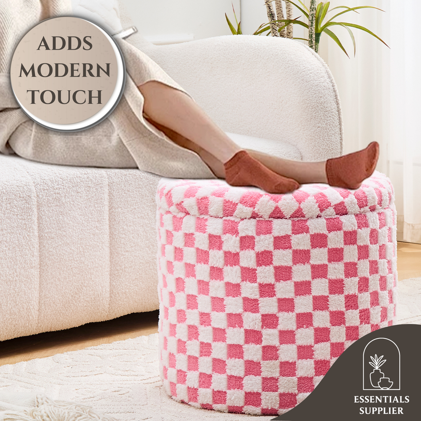 Round Pink Faux Fur Ottoman with Storage – Footrest for Bedroom or Vanity