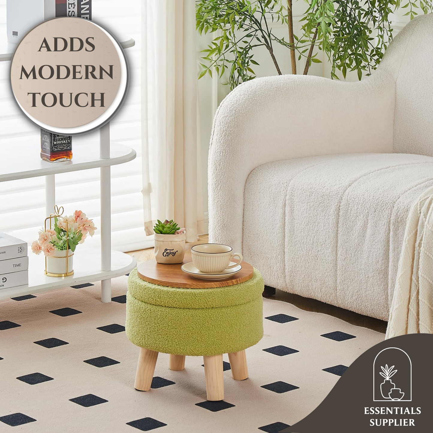 Round Storage Ottoman, Teddy Velvet Footrest with Wood Legs for Living Room, Green