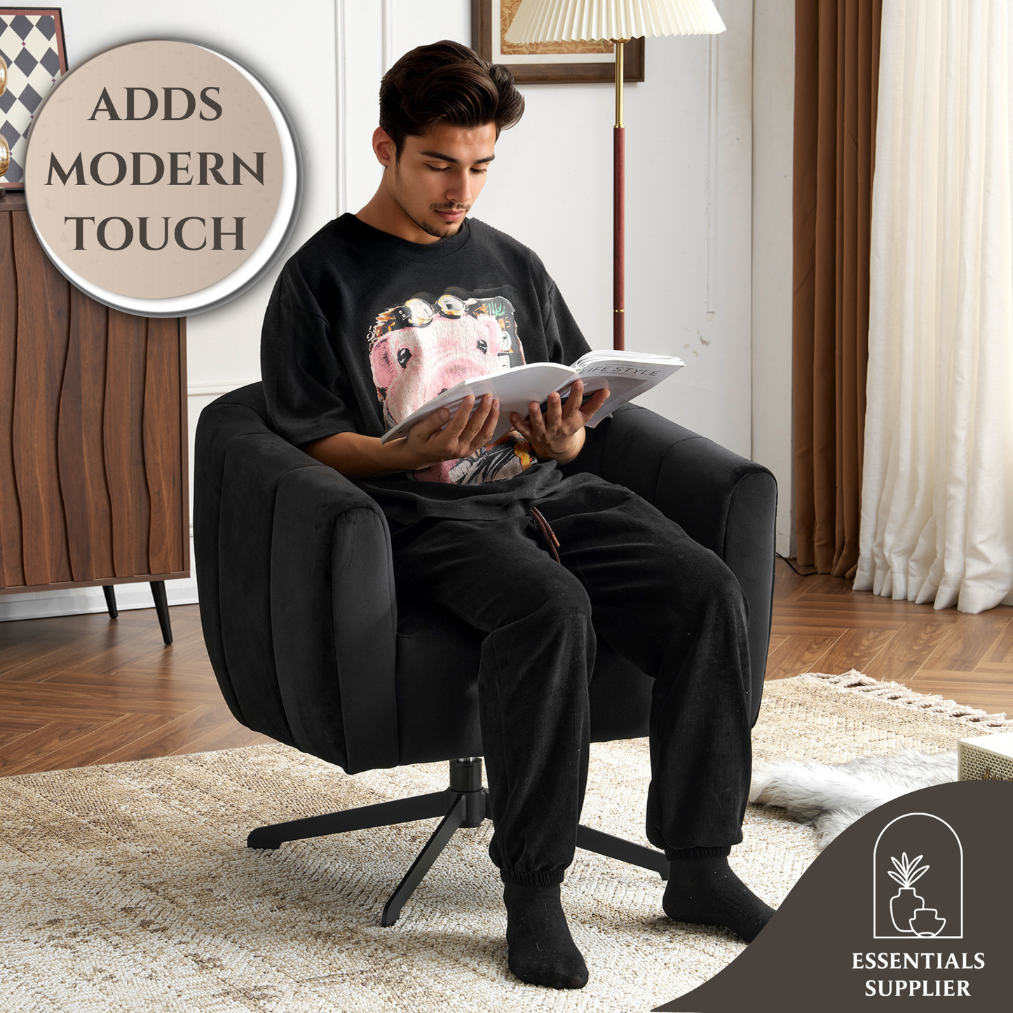 360° Swivel Velvet Accent Chair with Fluffy Cushion – Black