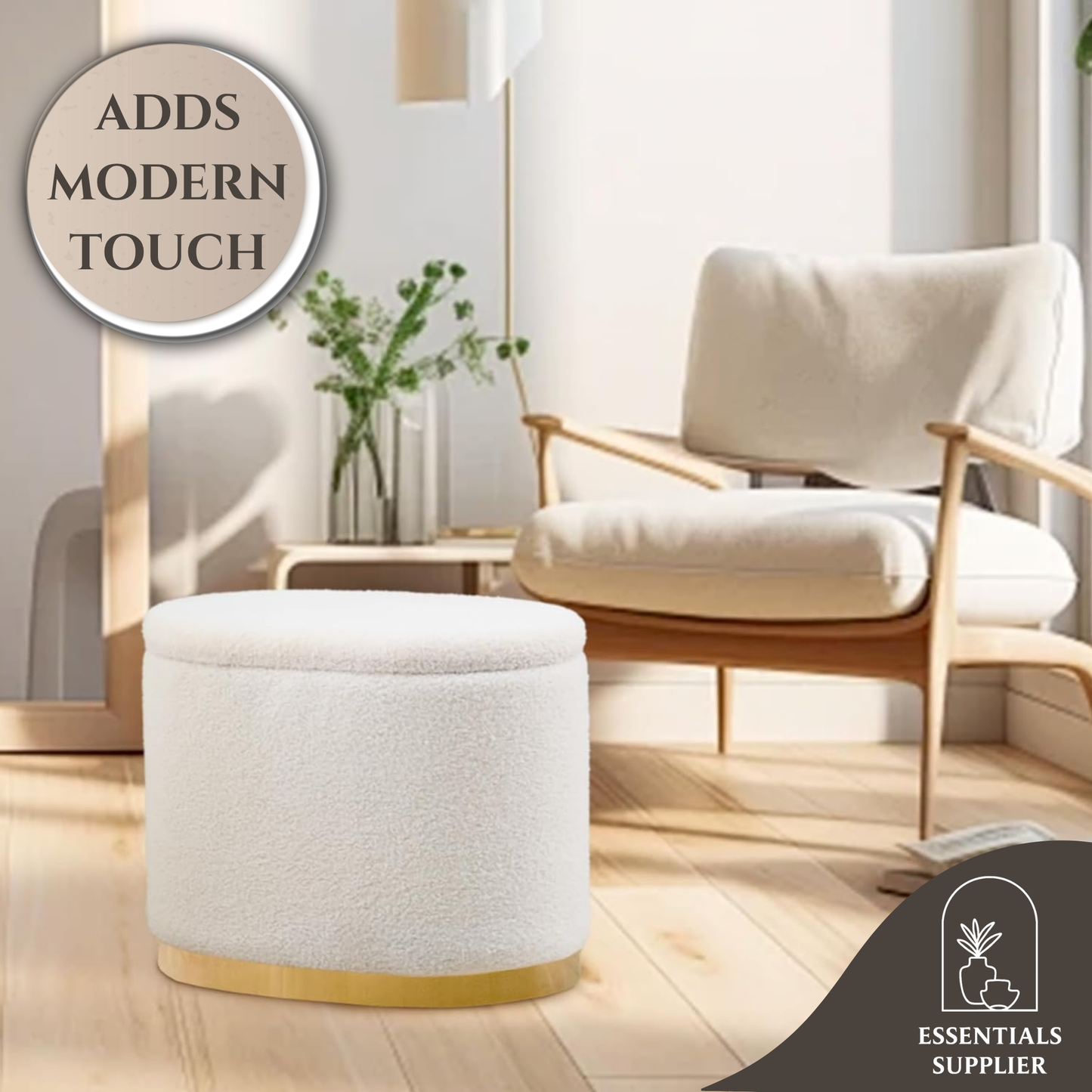 Round Storage Ottoman with Flip-Top Lid – White Upholstered Stool