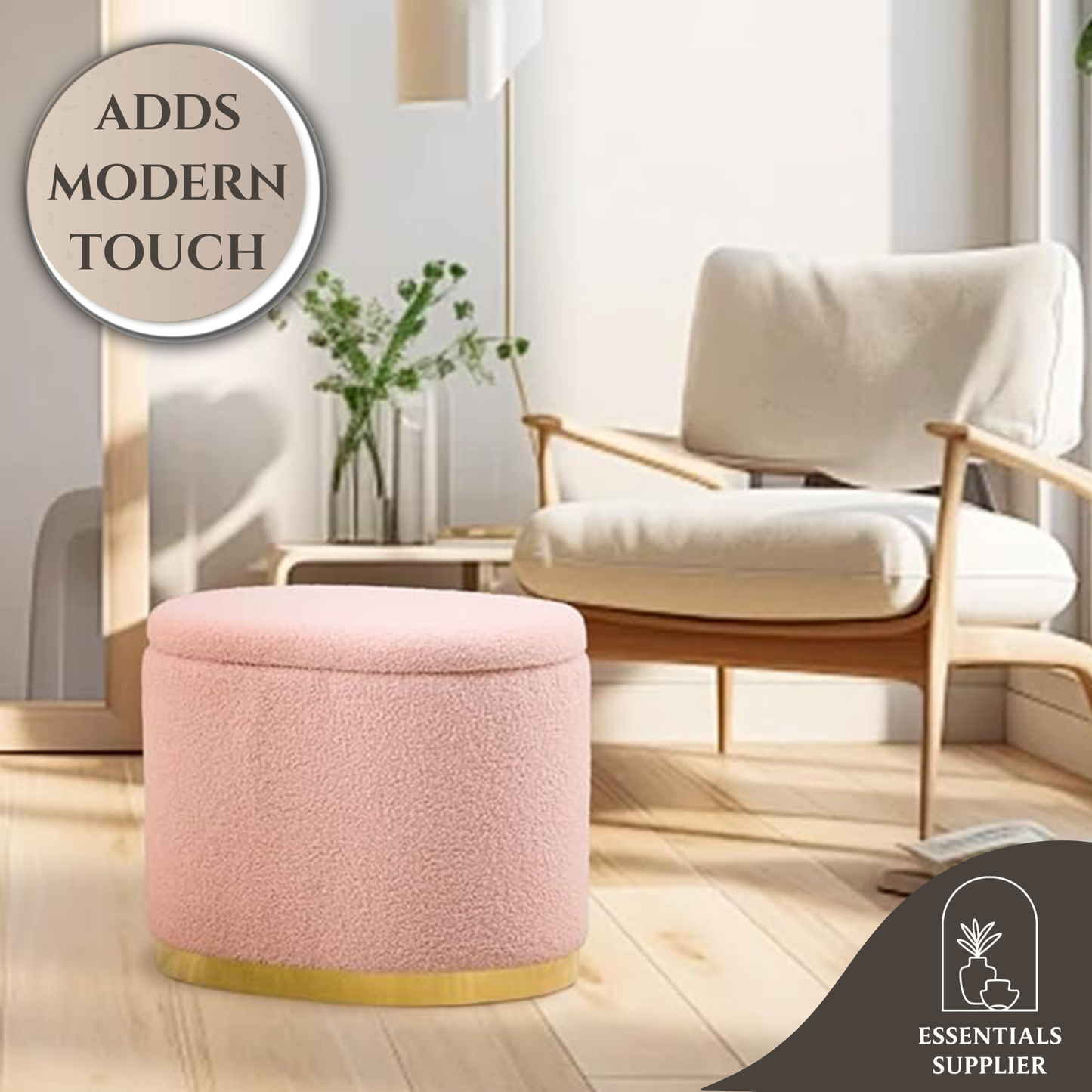 Round Storage Ottoman with Flip-Top Lid – Pink Upholstered Stool