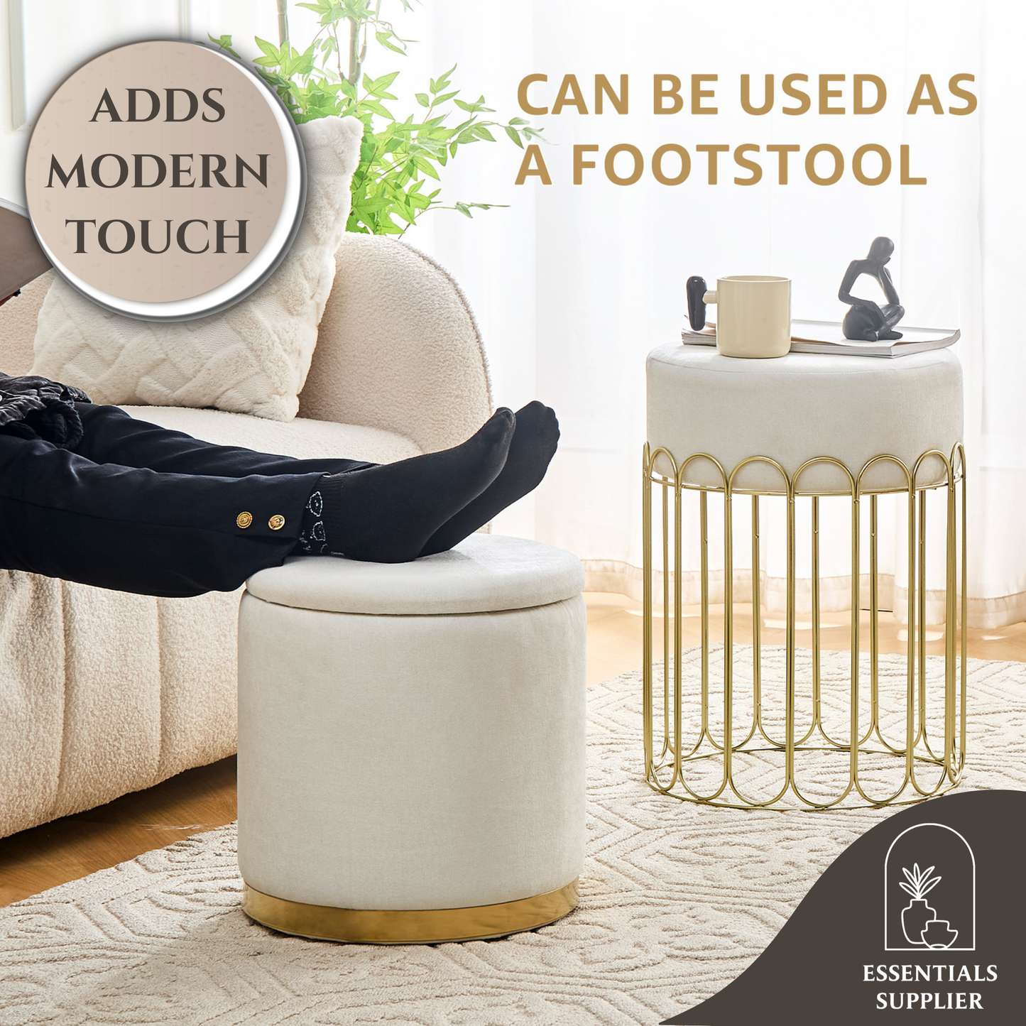 Set of 2 Round Velvet Storage Ottomans with Removable Lids – White