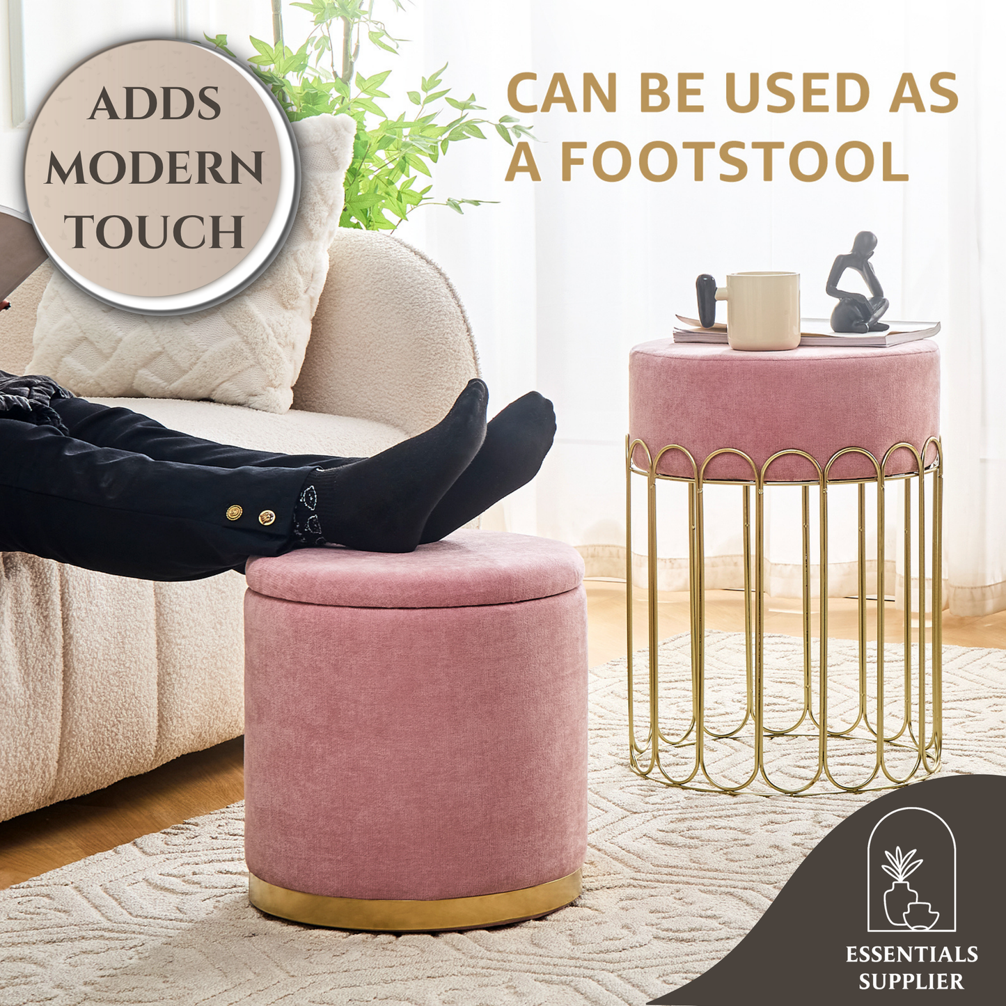 Set of 2 Round Velvet Storage Ottomans with Removable Lids – Pink