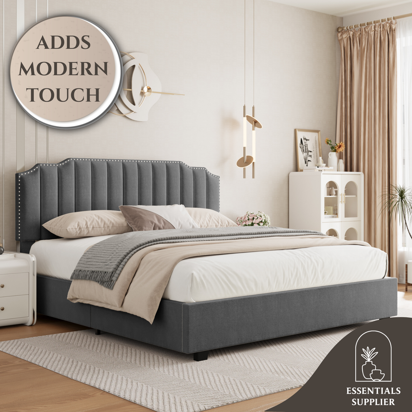 Lift-Up Storage Queen Bed – Velvet Upholstered Platform Bed Frame, Grey