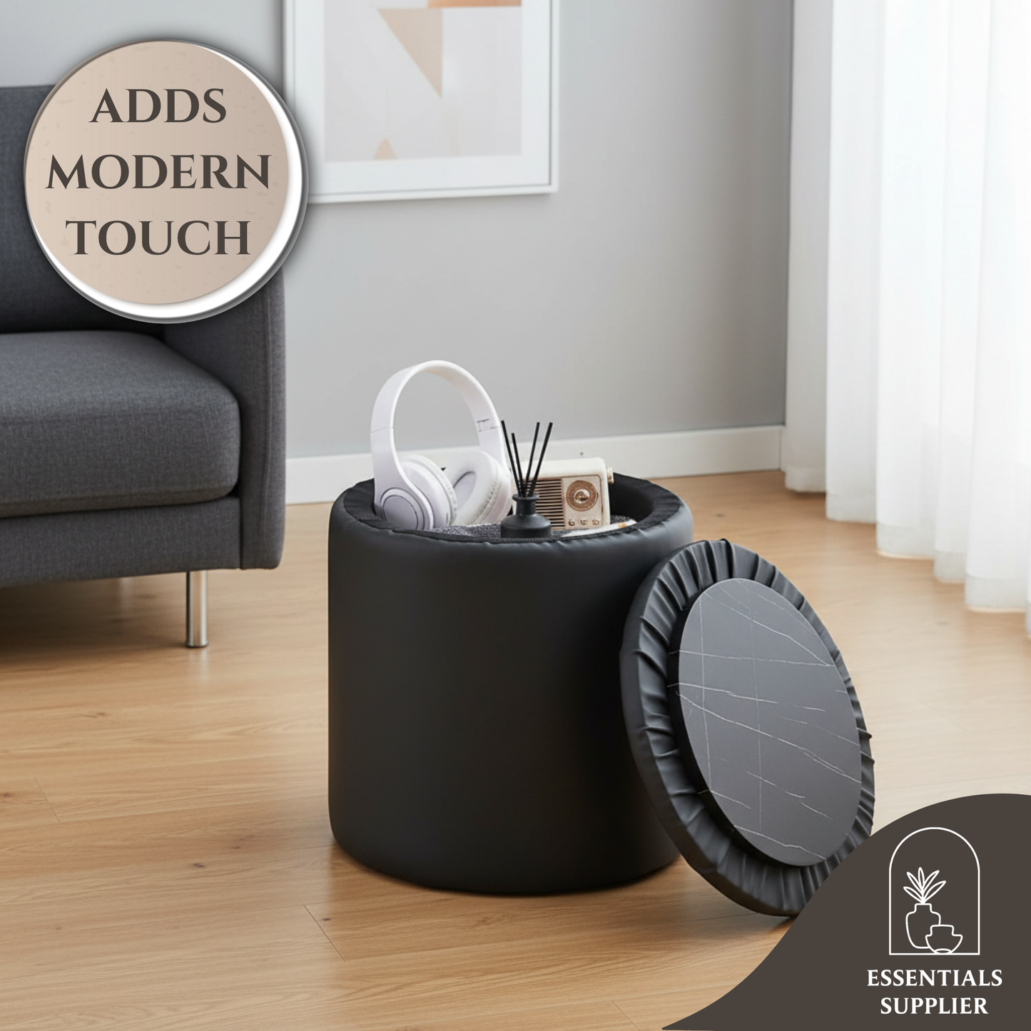 Black Faux Leather Round Storage Ottoman with Removable Lid