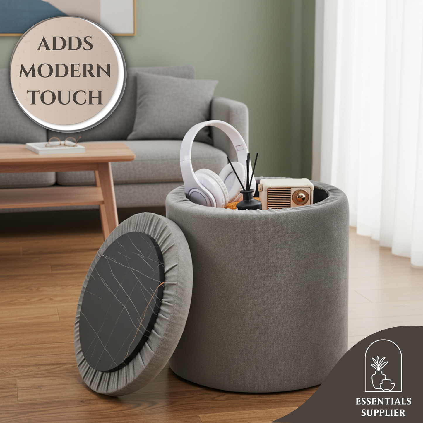 Velvet Grey Round Storage Ottoman with Removable Lid