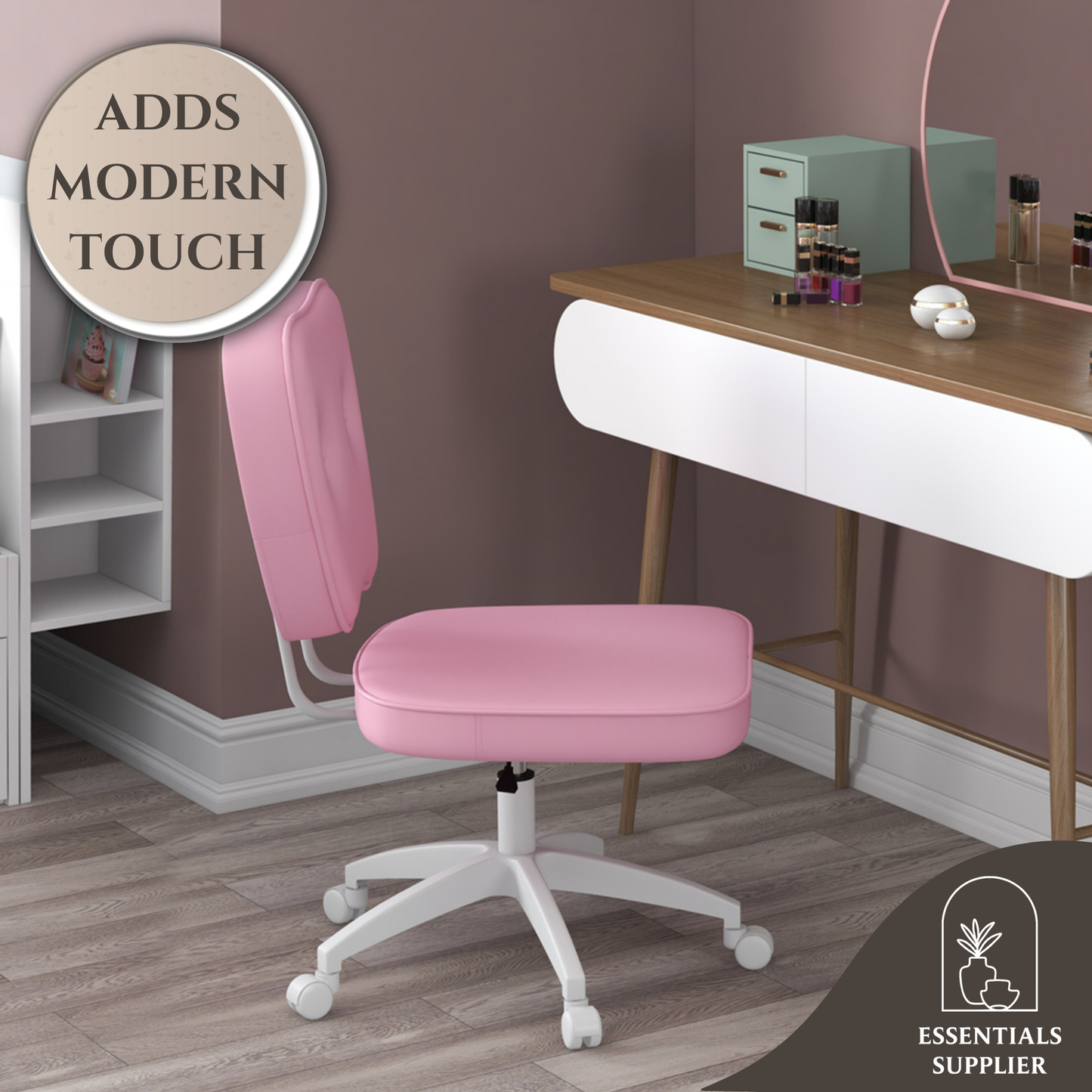 Pink Faux Leather Office Chair with Adjustable Height & Curved Backrest