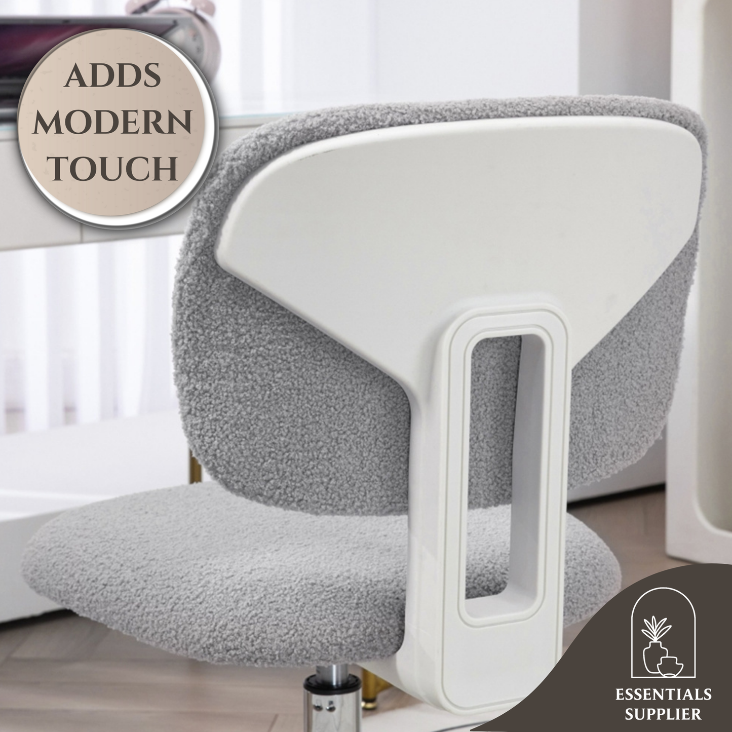 Light Gray Plush Office Chair with Adjustable Height & Soft Curved Backrest