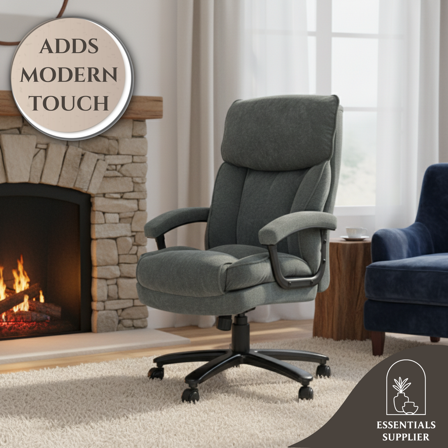 Pebble Grey Reclining Office Chair with Footrest & High-Back Linen-Feel Padding