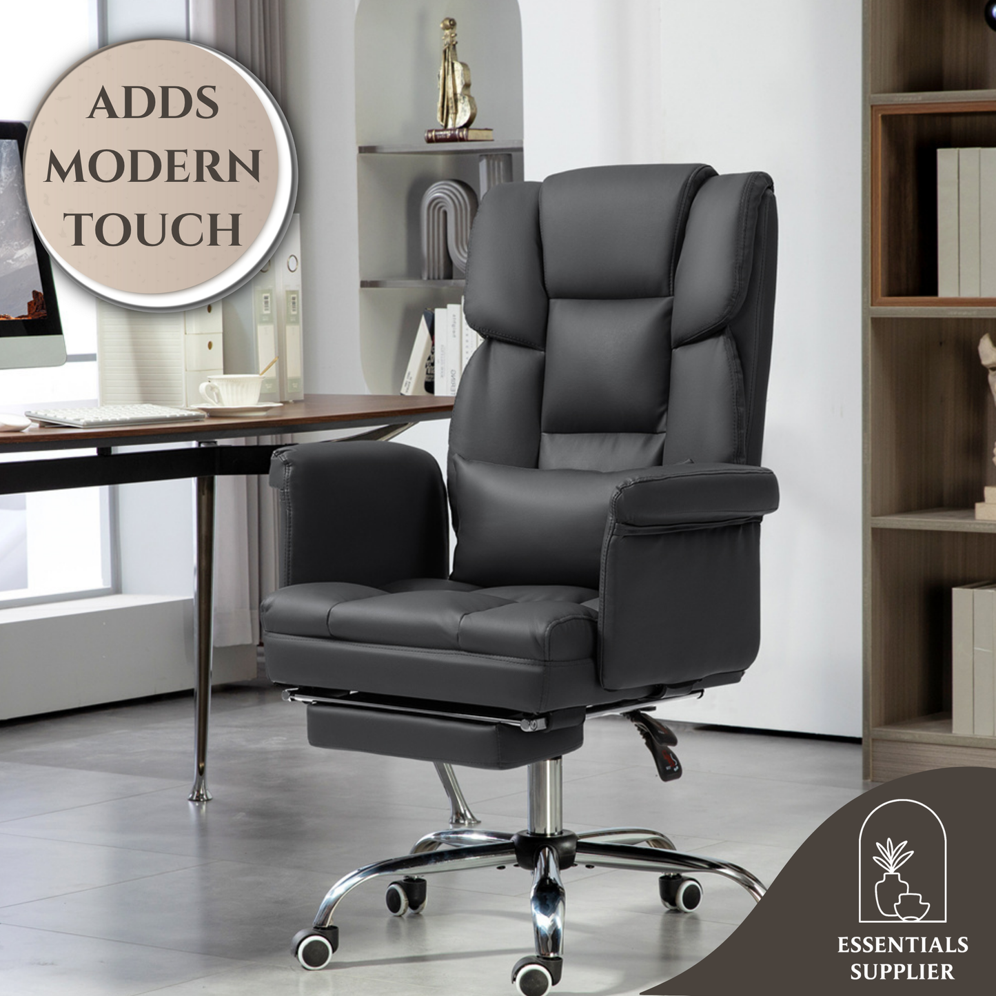 Black Massage Office Chair with Reclining Back, Footrest & PU Leather Finish