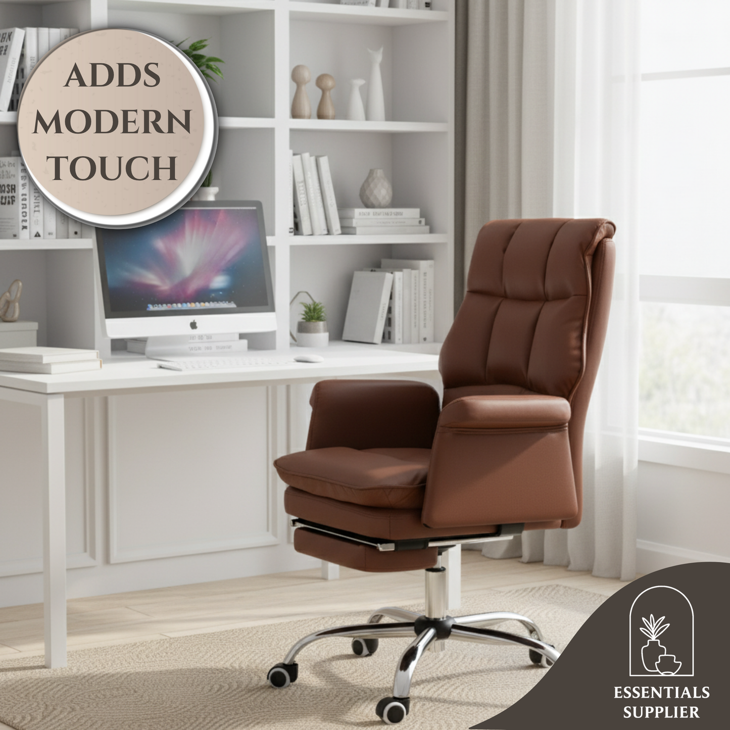 Brown Massage Office Chair with Reclining Back, Footrest & PU Leather Finish