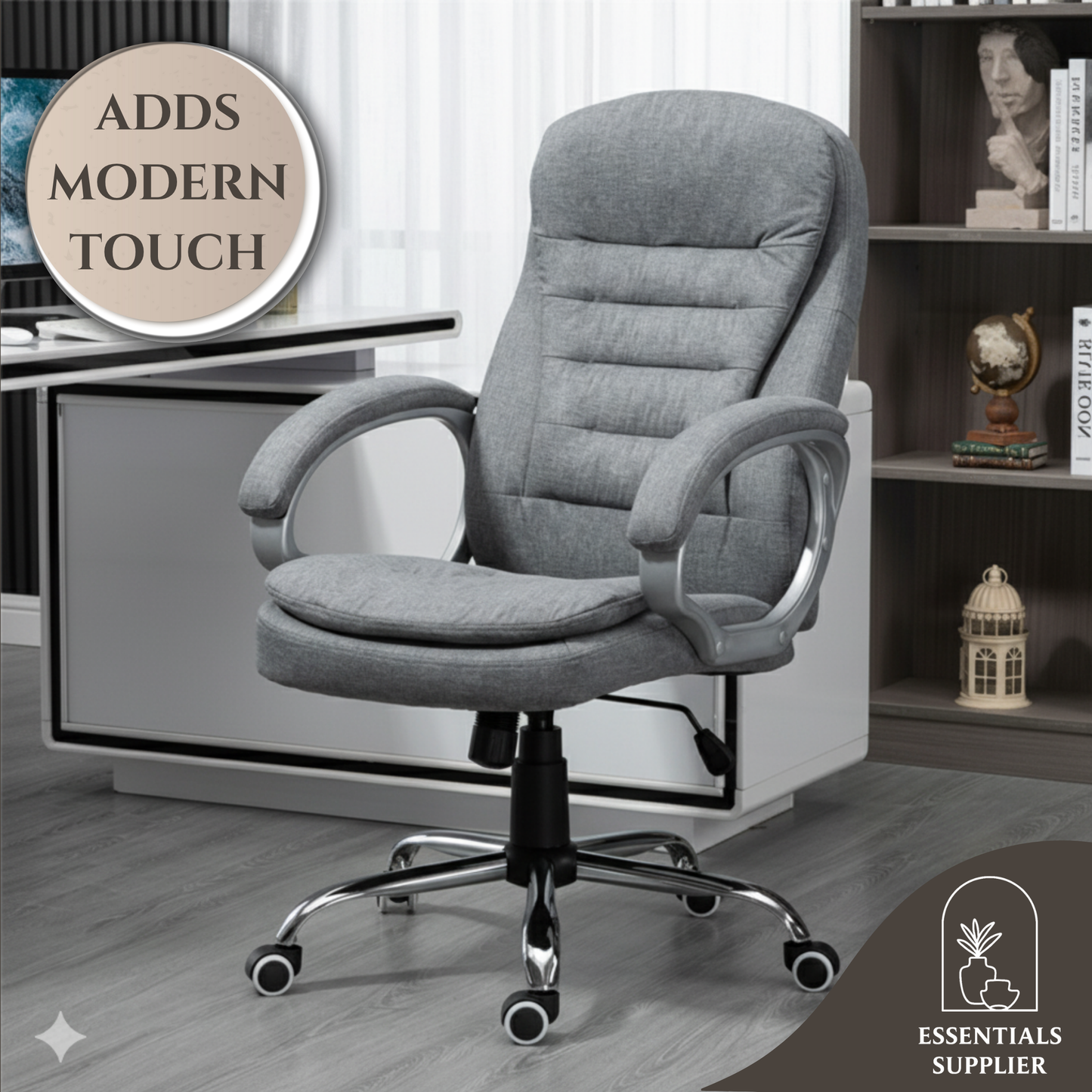 Grey High-Back Linen Office Chair with Lumbar Support & Adjustable Height