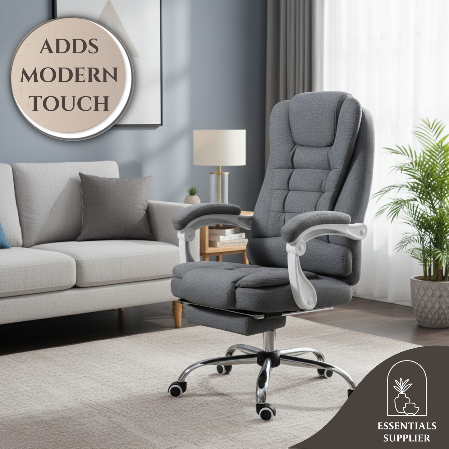Pebble Grey High-Back Reclining Office Chair with Footrest & Linen Upholstery