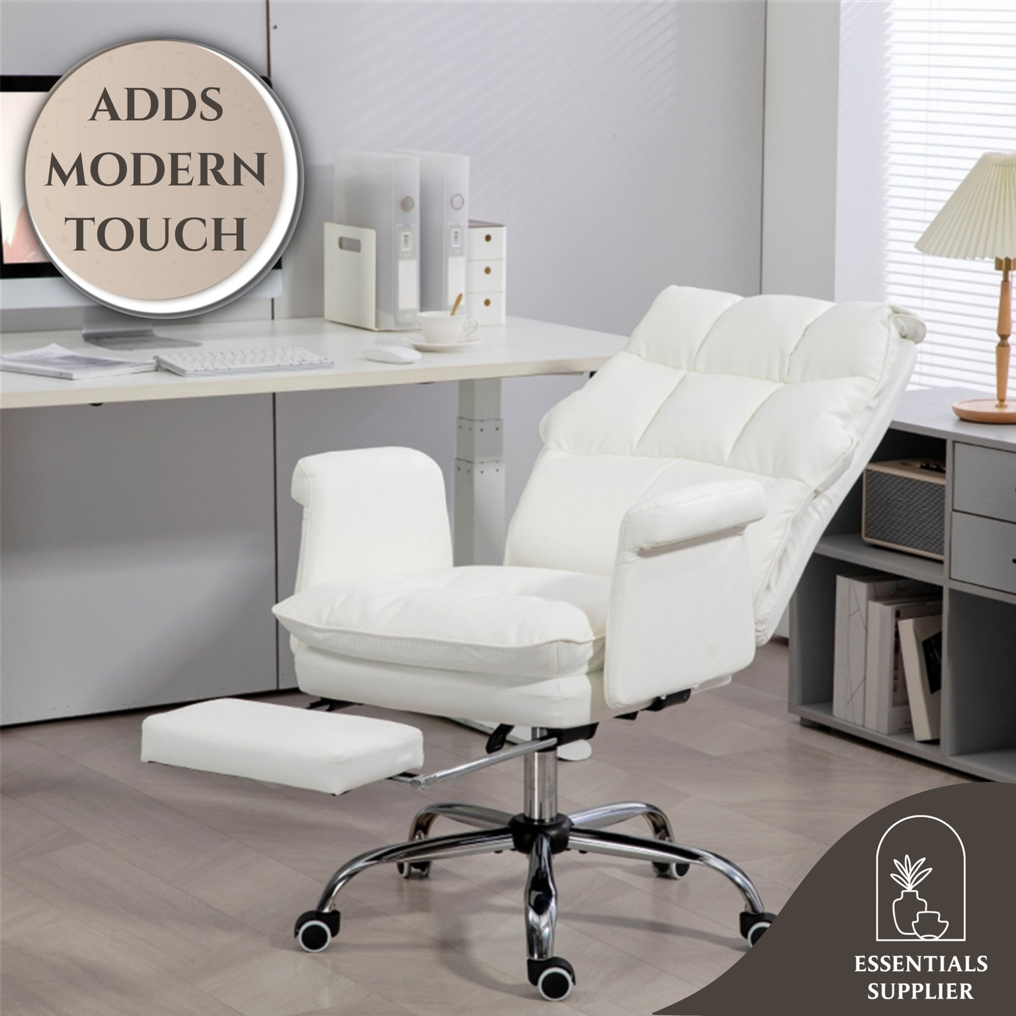 White Massage Office Chair with Reclining Back, Footrest & PU Leather Finish