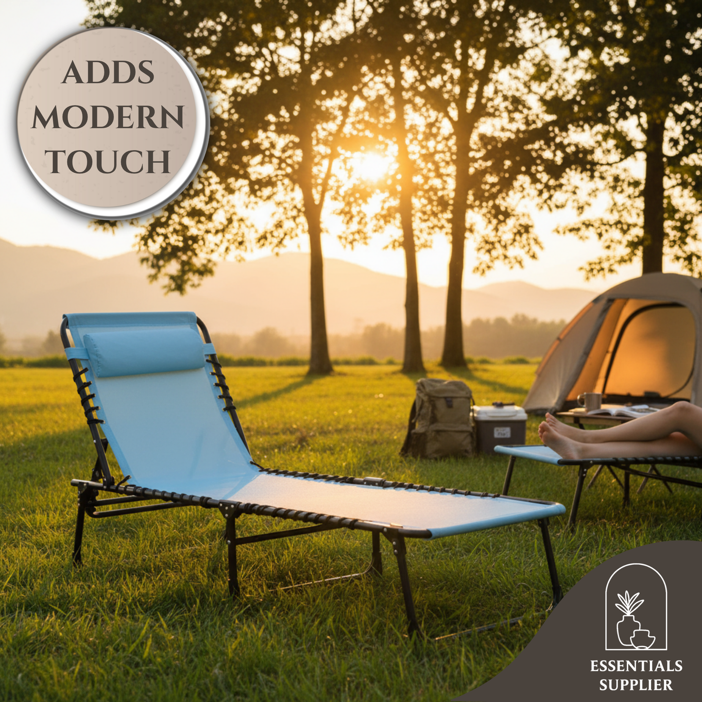 Blue Reclining Foldable Lounge Chair with Pillow & Mesh Fabric