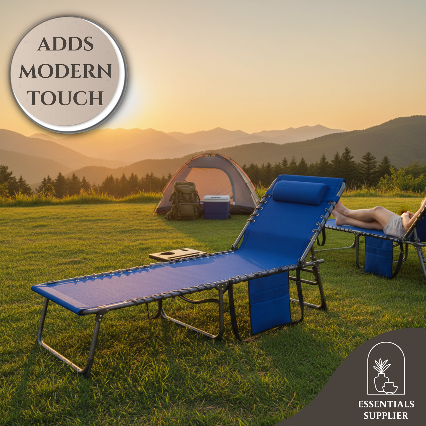 Dark Blue Reclining Foldable Lounge Chair with Pillow & Mesh Fabric