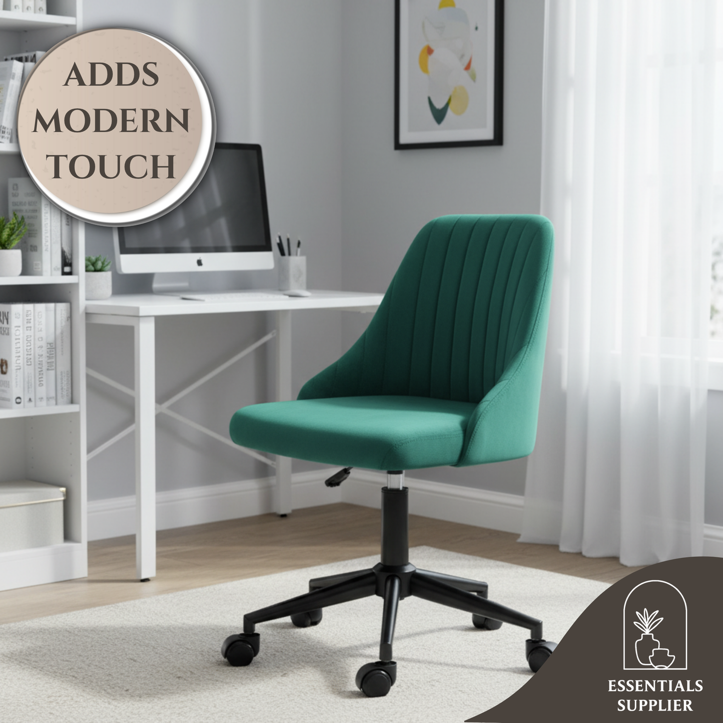 Green Velvet Scallop Swivel Office Chair – Adjustable Height & Chic Design