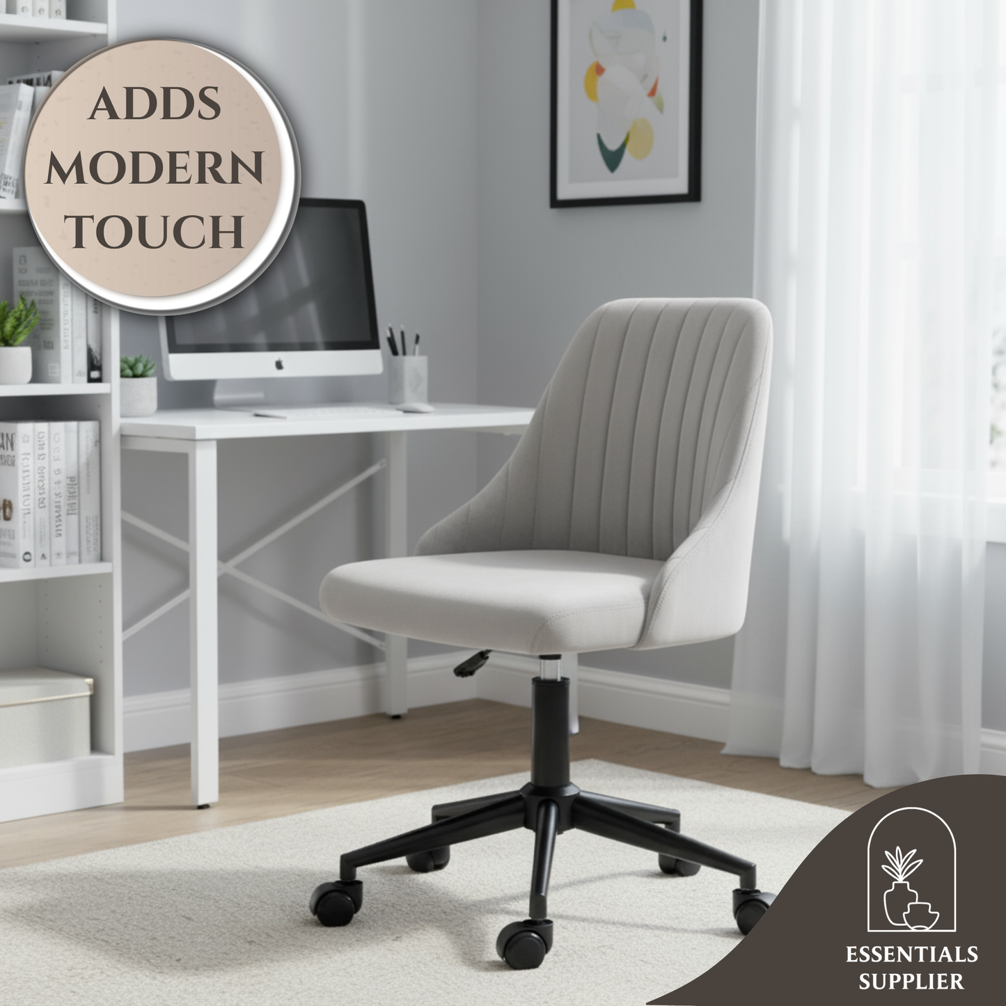 Grey Velvet Scallop Swivel Office Chair – Adjustable Height & Chic Design