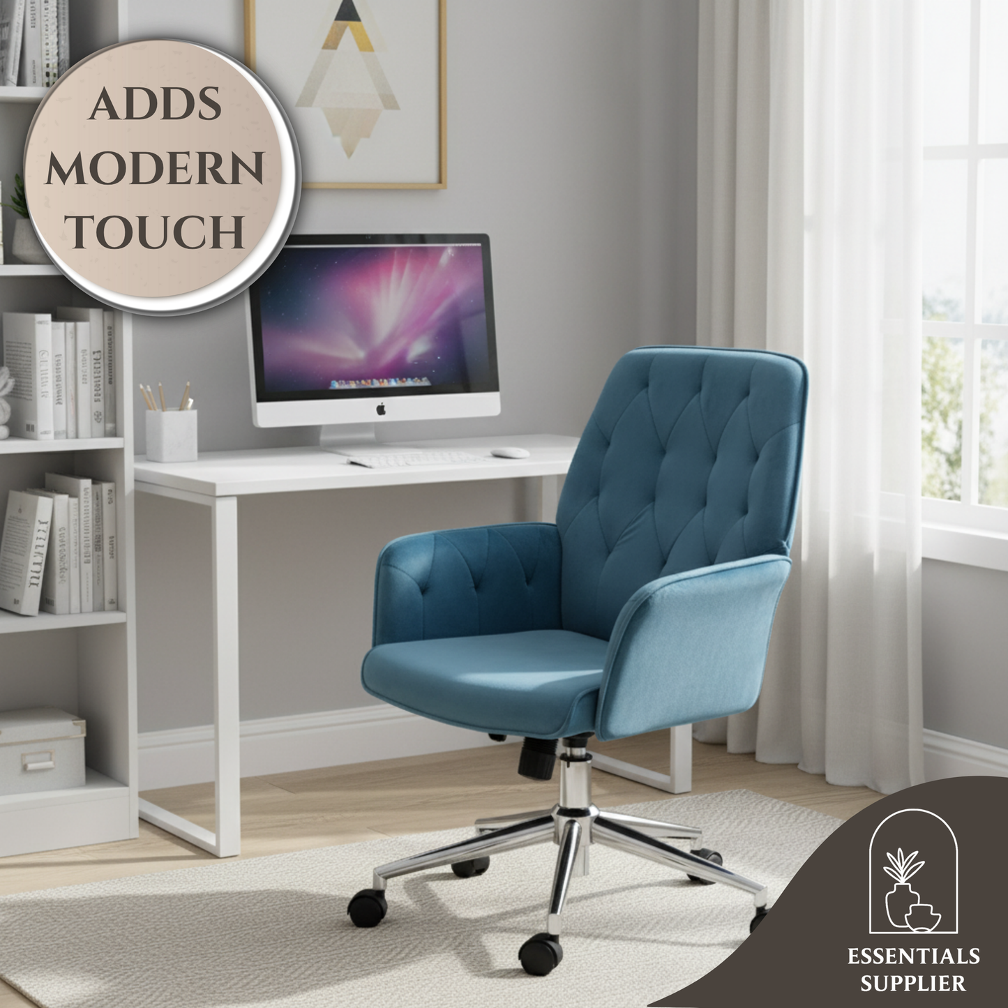 Blue Velvet Office Chair – Adjustable Height with Rocking Back & Armrests