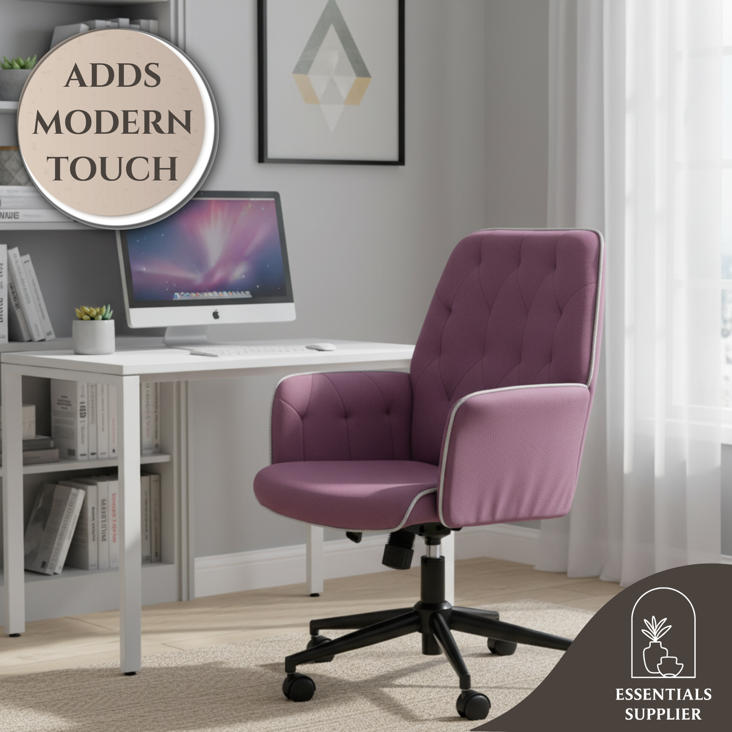 Purple Velvet Office Chair – Adjustable Height with Rocking Back & Armrests