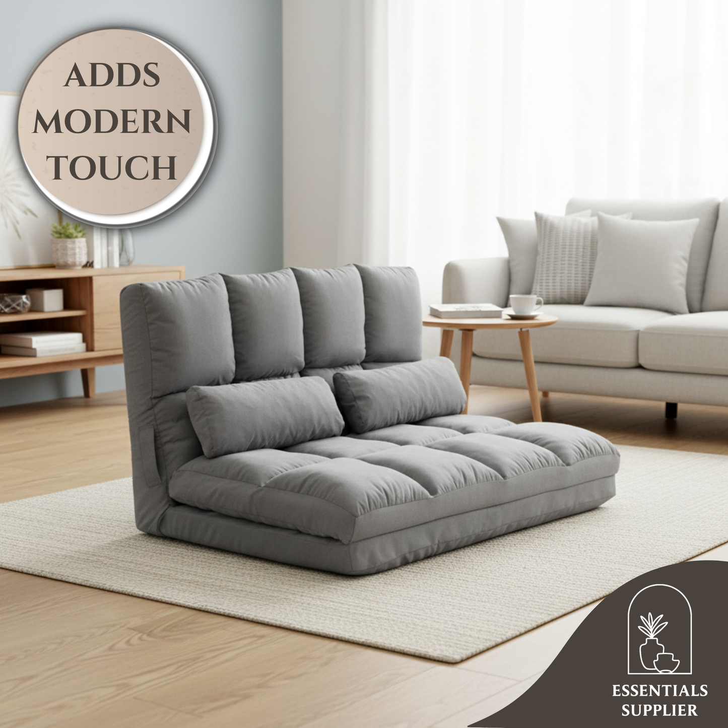 3-in-1 Adjustable Floor Sofa Bed with Backrest & Headrest – Light Gray