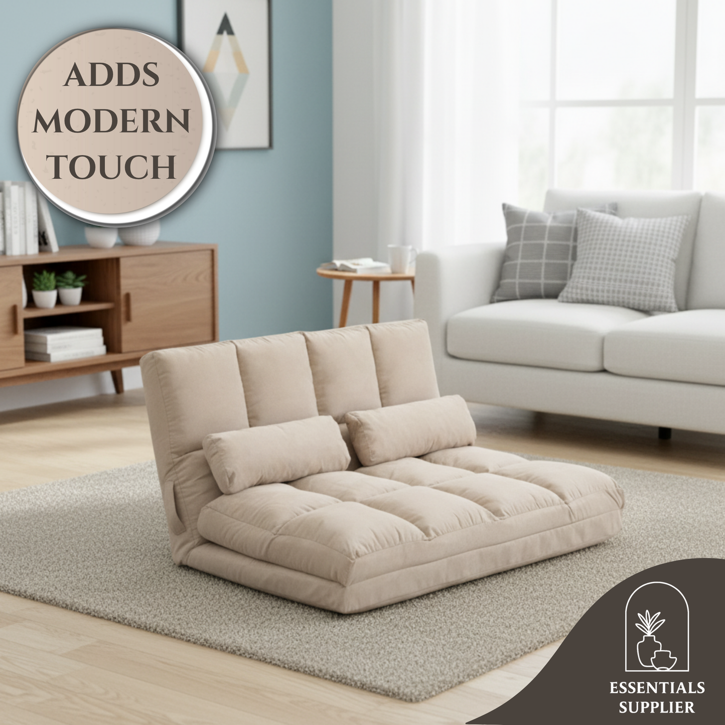 3-in-1 Adjustable Floor Sofa Bed with Backrest & Headrest – Beige