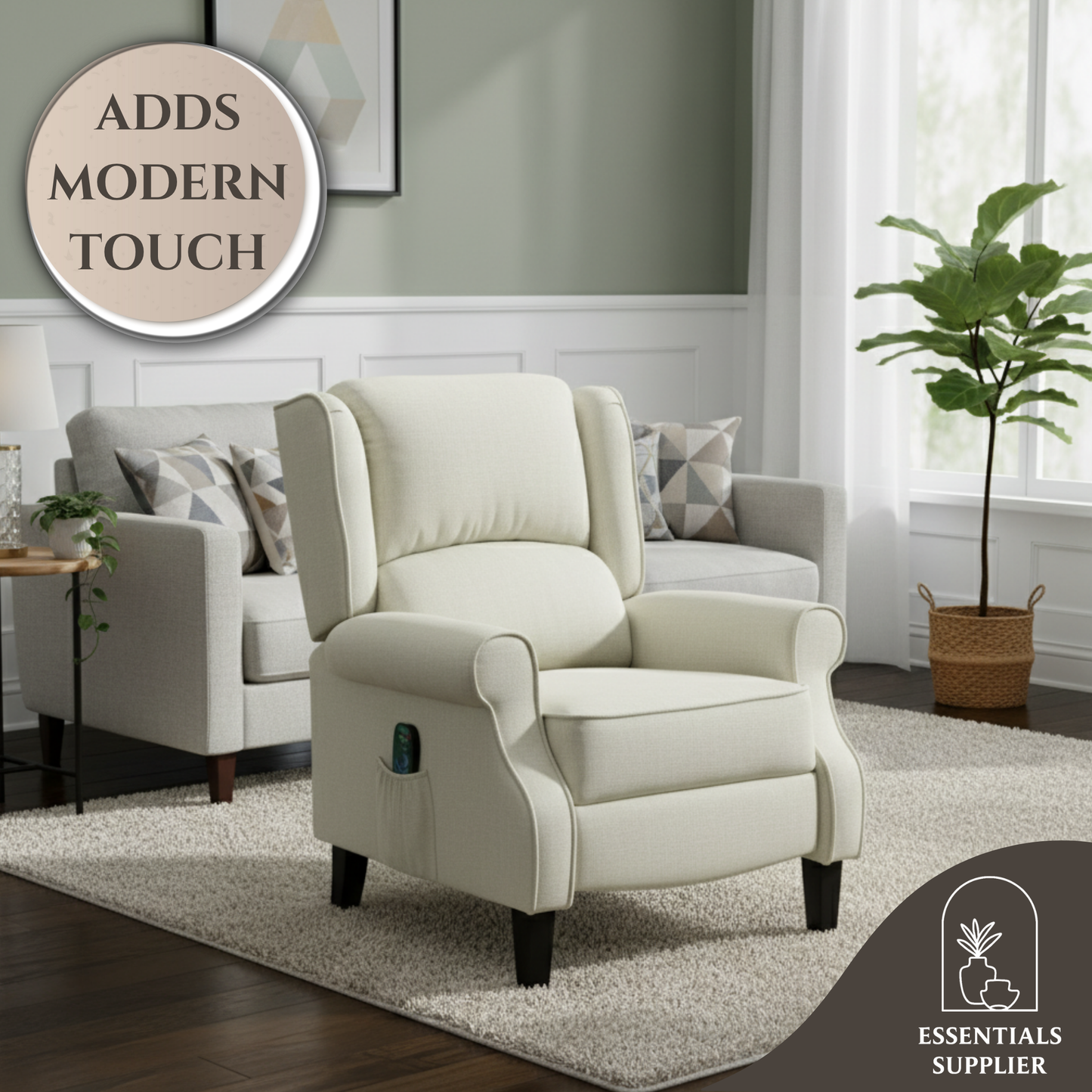 Heated Massage Recliner Chair with Lumbar Support – Manual Pushback, Off White