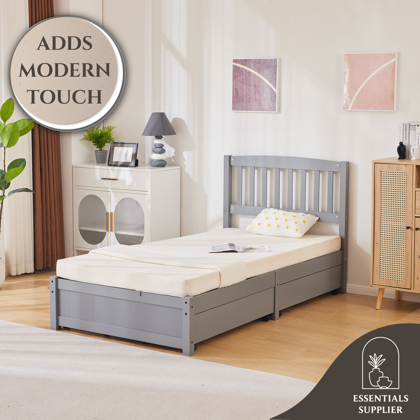 Twin Pine Wood Platform Bed with 4 Storage Drawers & Curved Headboard – Gray