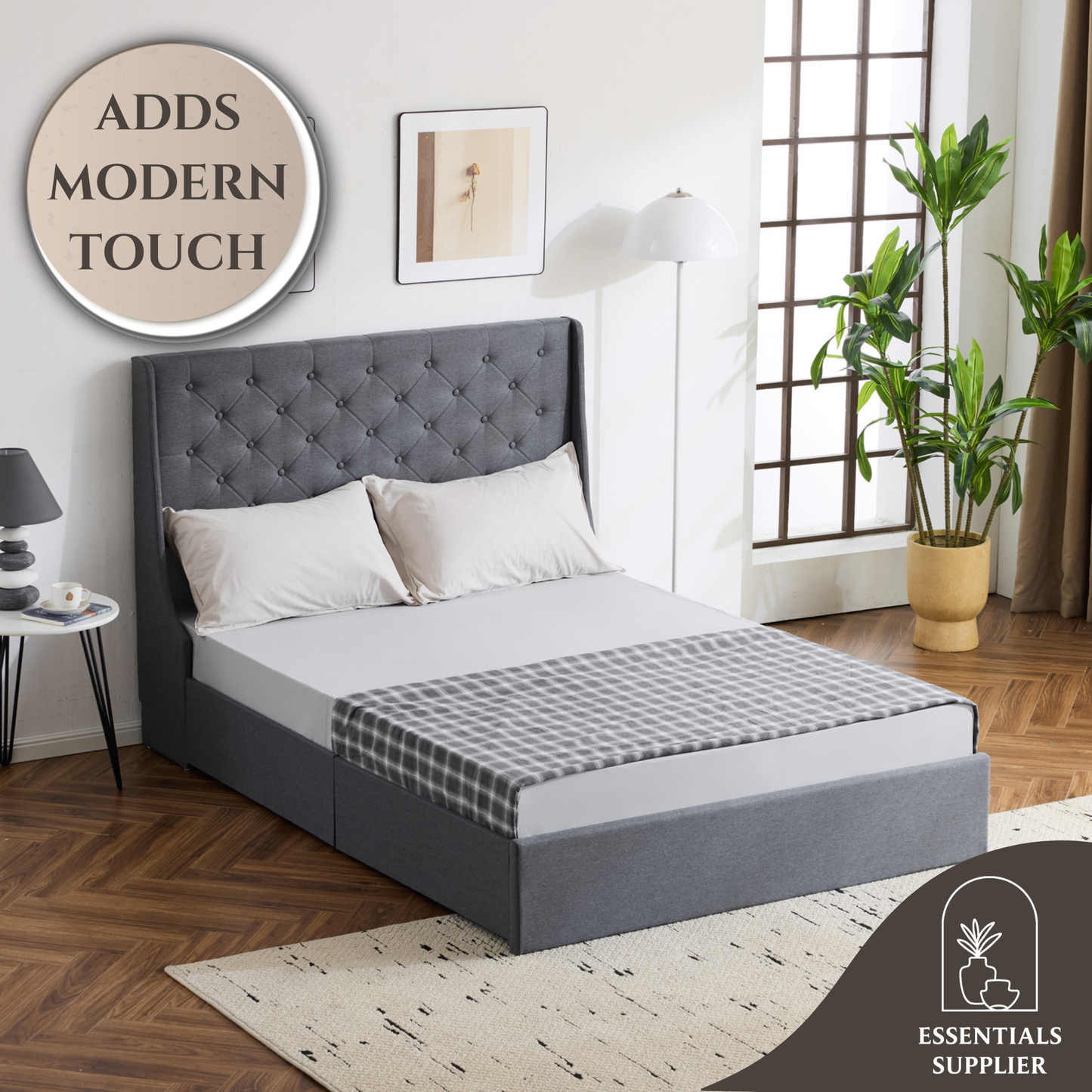 Queen Upholstered Storage Bed Frame with 4 Drawers & Wingback Tufted Headboard