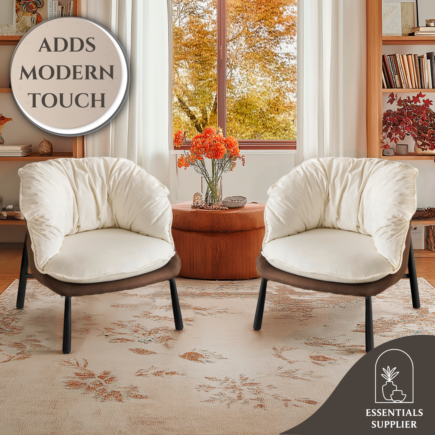 Modern Velvet Barrel Accent Chair with Metal Legs – Off-White Armchair