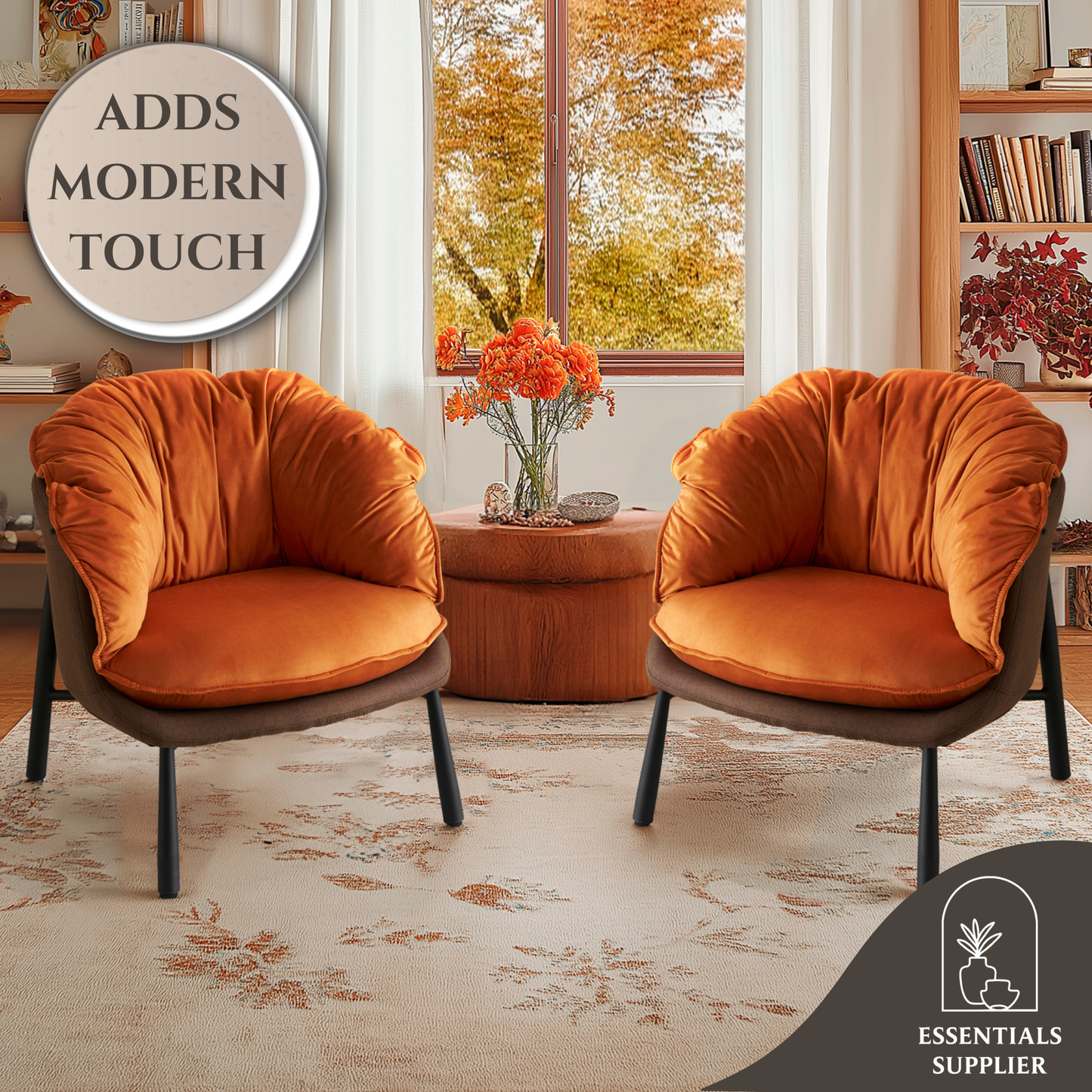 Modern Velvet Barrel Accent Chair with Metal Legs – Burnt Orange Armchair
