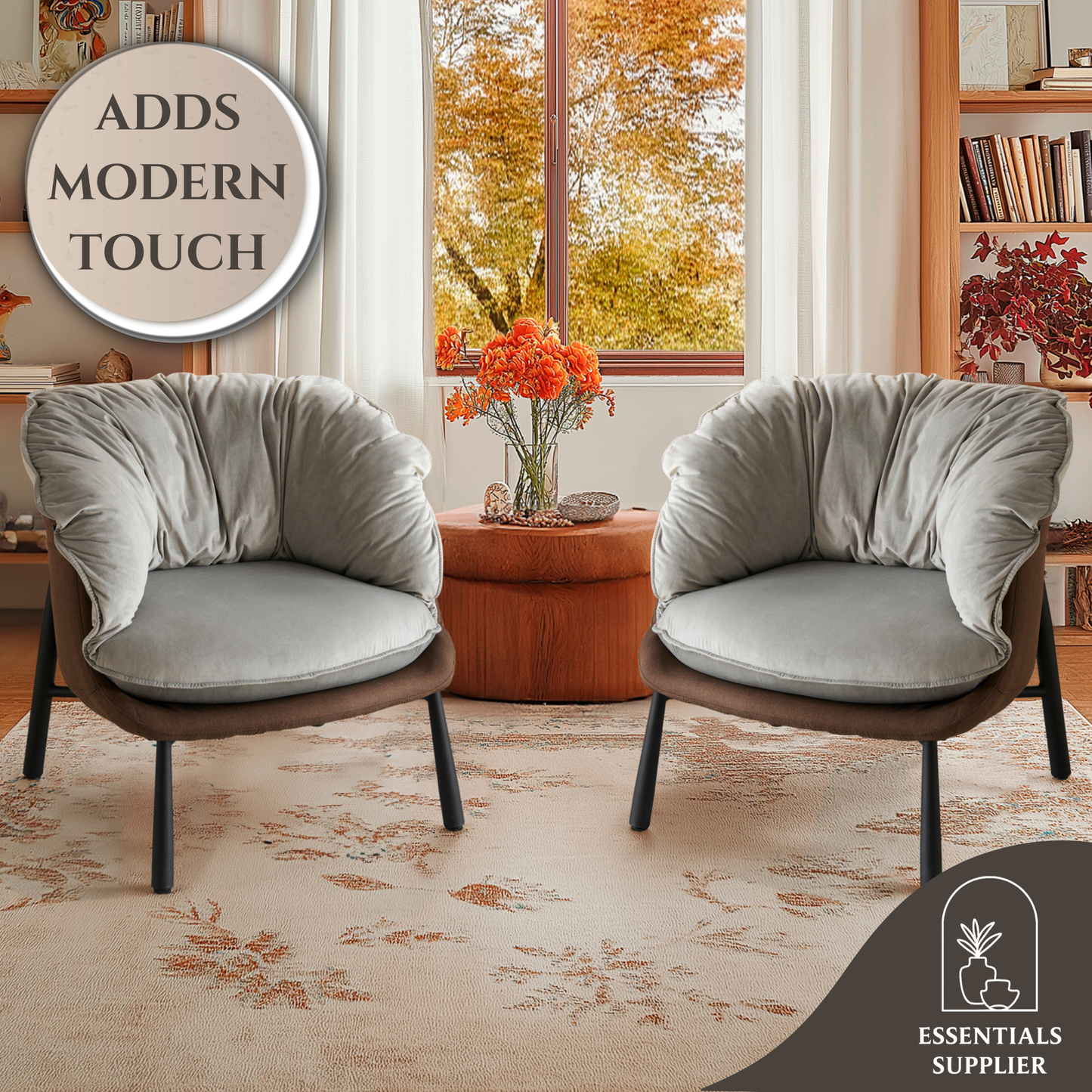 Modern Velvet Barrel Accent Chair with Metal Legs – Gray Armchair