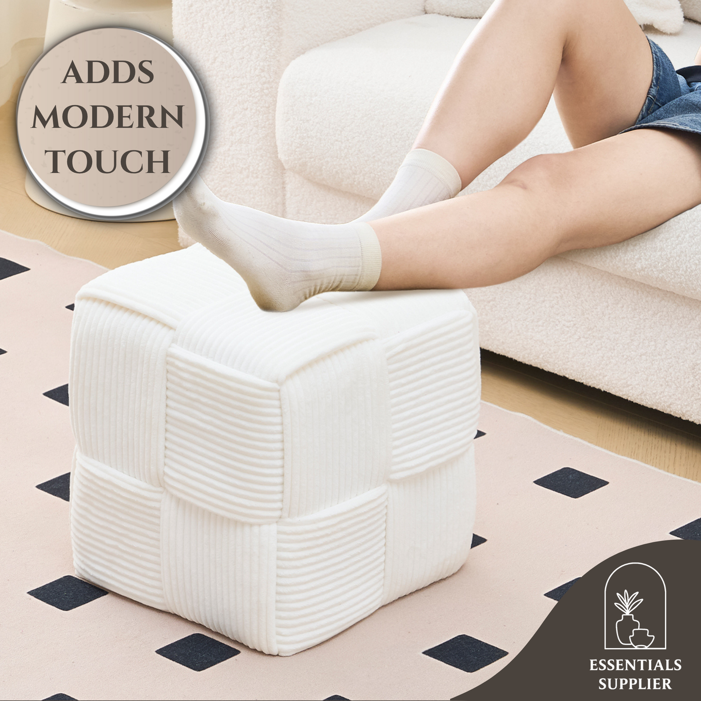 White Corduroy Ottoman Vanity Stool – Square Footrest for Bedroom & Entryway