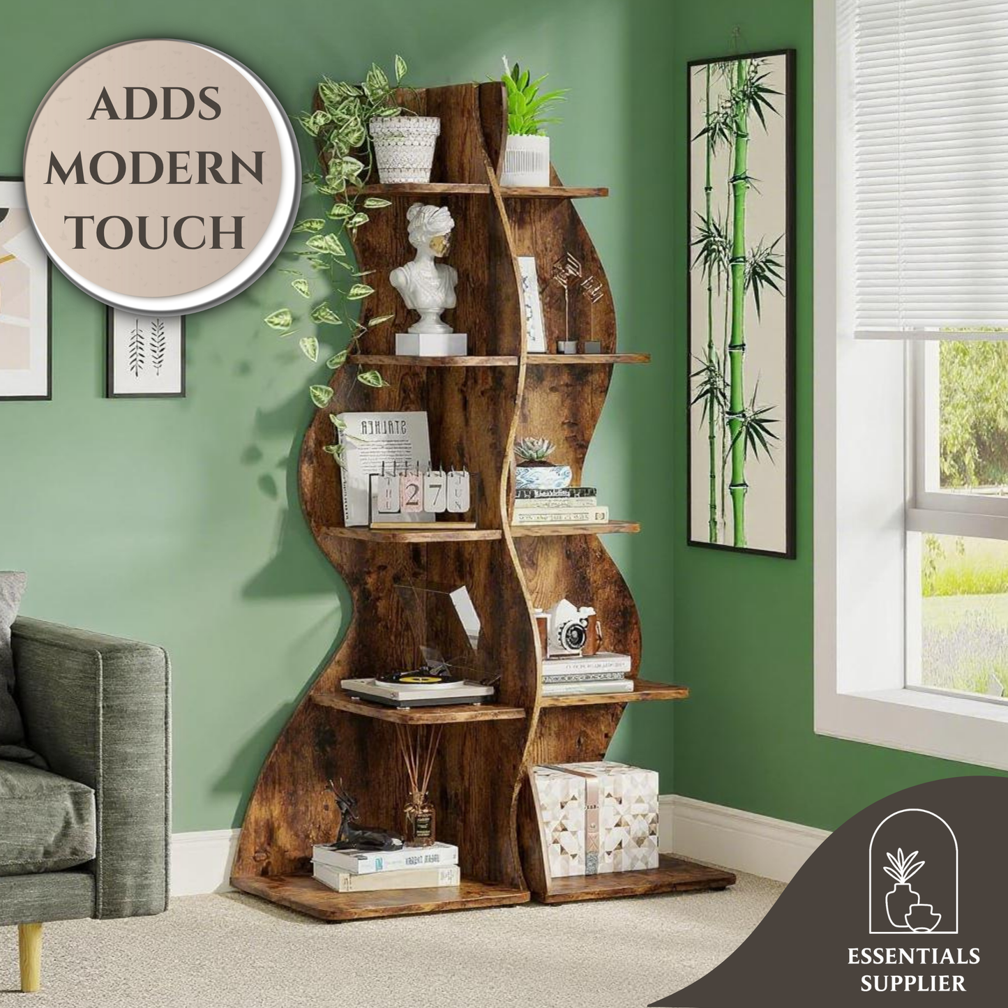 Brown Wavy 5-Tier Corner Bookshelf – Modern Sculpted Bookcase Storage Rack