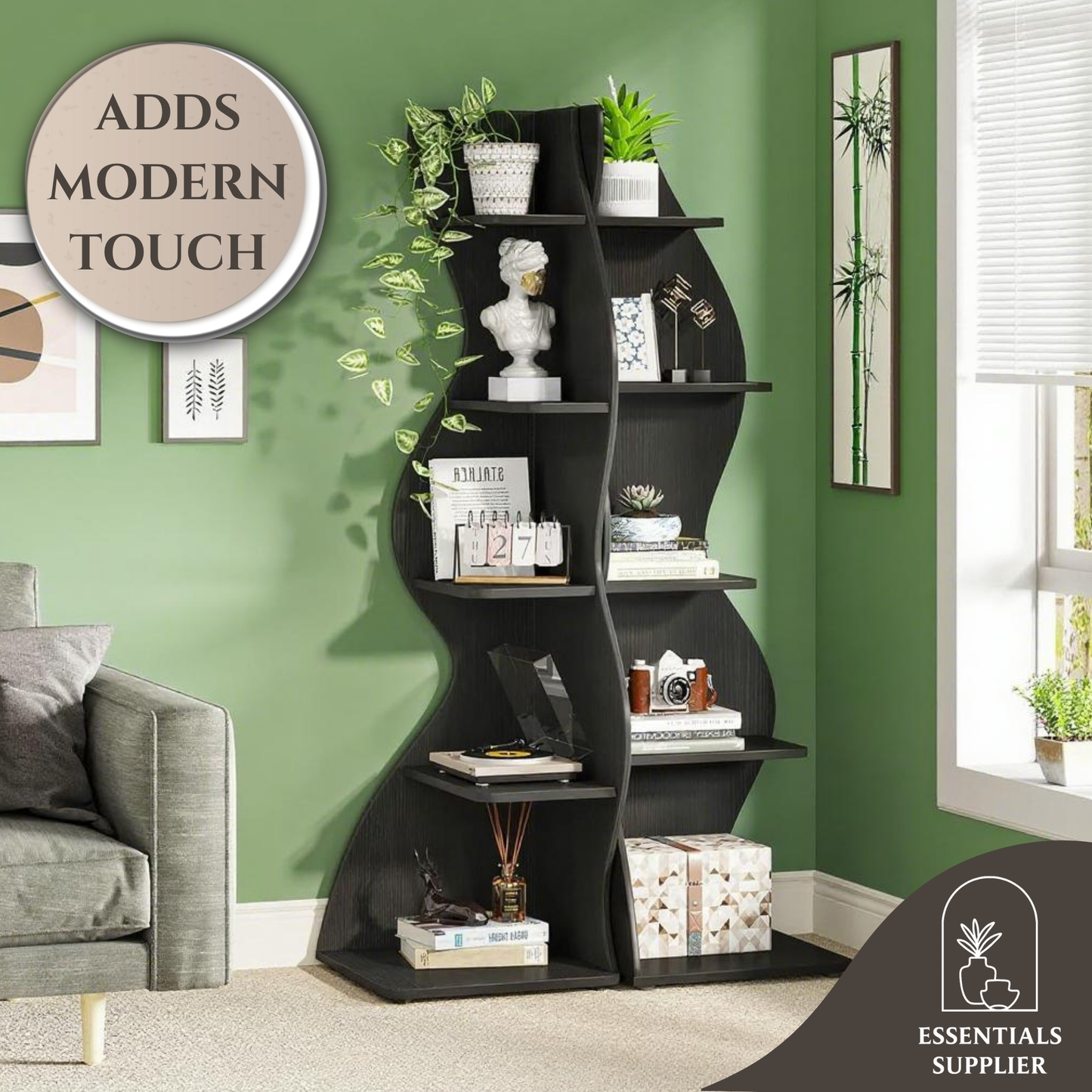 Black Wavy 5-Tier Corner Bookshelf – Modern Sculpted Bookcase Storage Rack
