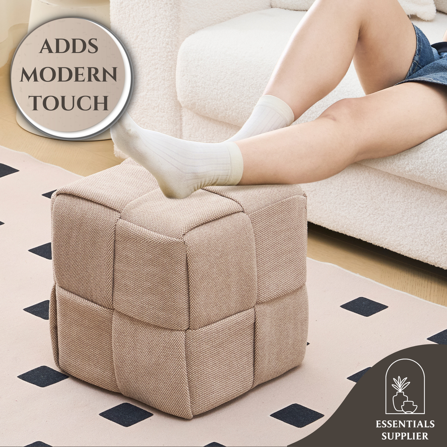 Brown Corduroy Ottoman Vanity Stool – Square Footrest for Bedroom & Entryway