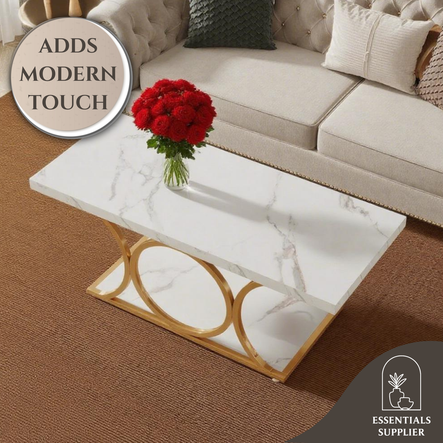 White Marble Coffee Table with Gold Frame – Luxury Modern Living Room Table