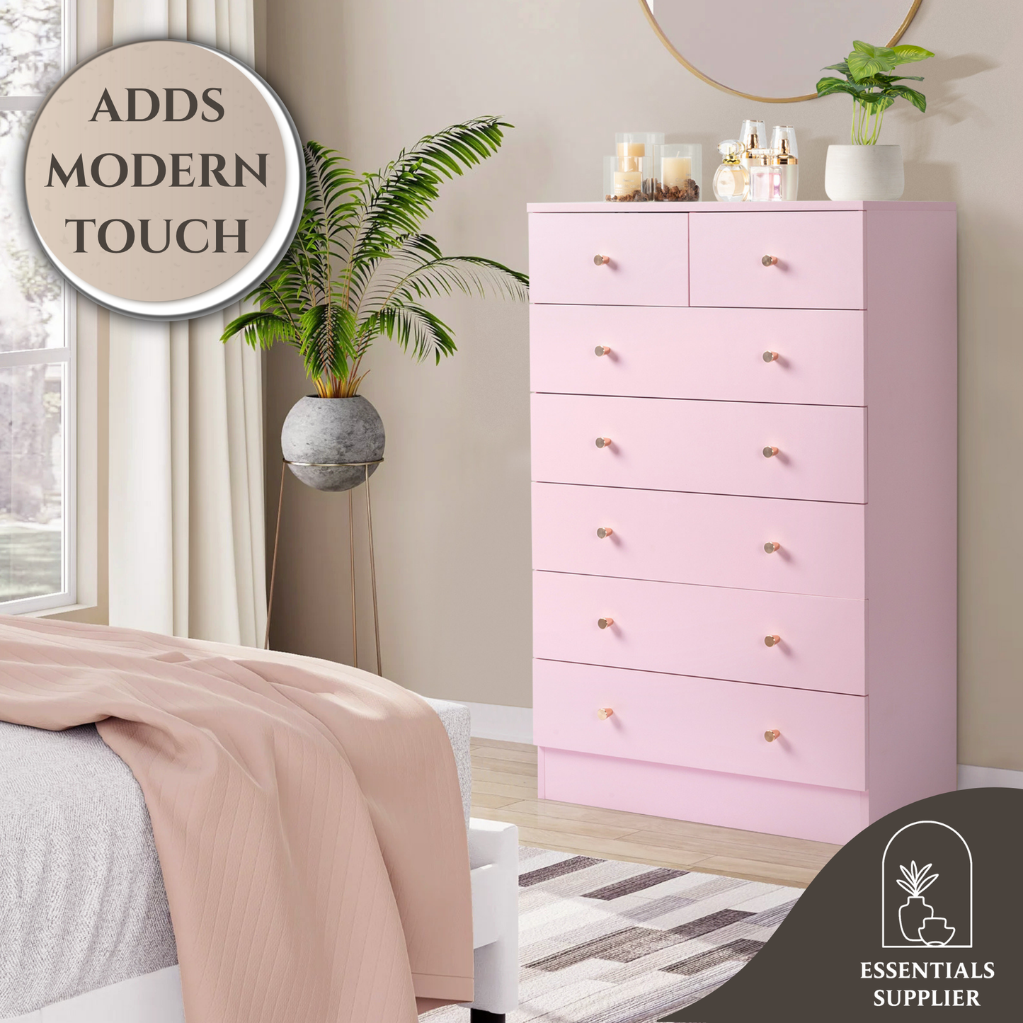 Modern Pink 7-Drawer Dresser – Space-Saving Storage for Bedroom or Home