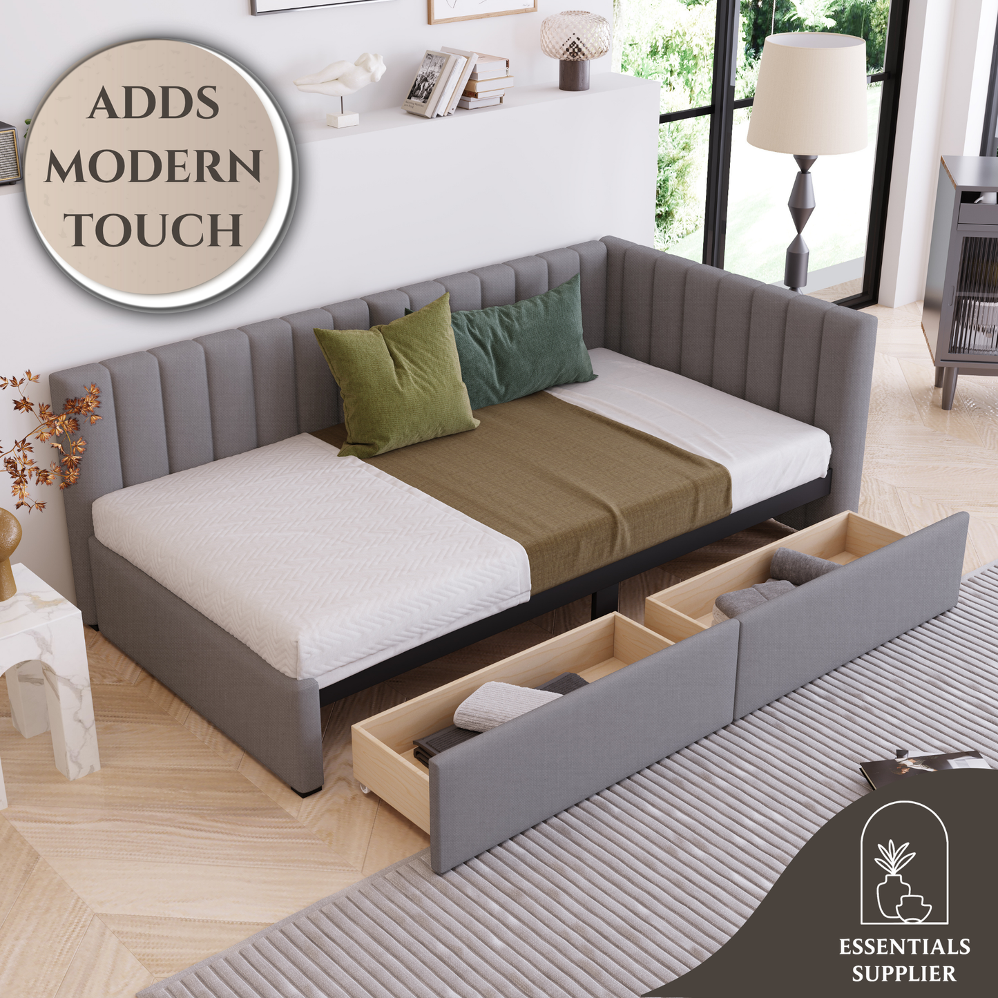 Gray Twin Upholstered Daybed with 2 Storage Drawers – Linen Sofa Bed Frame
