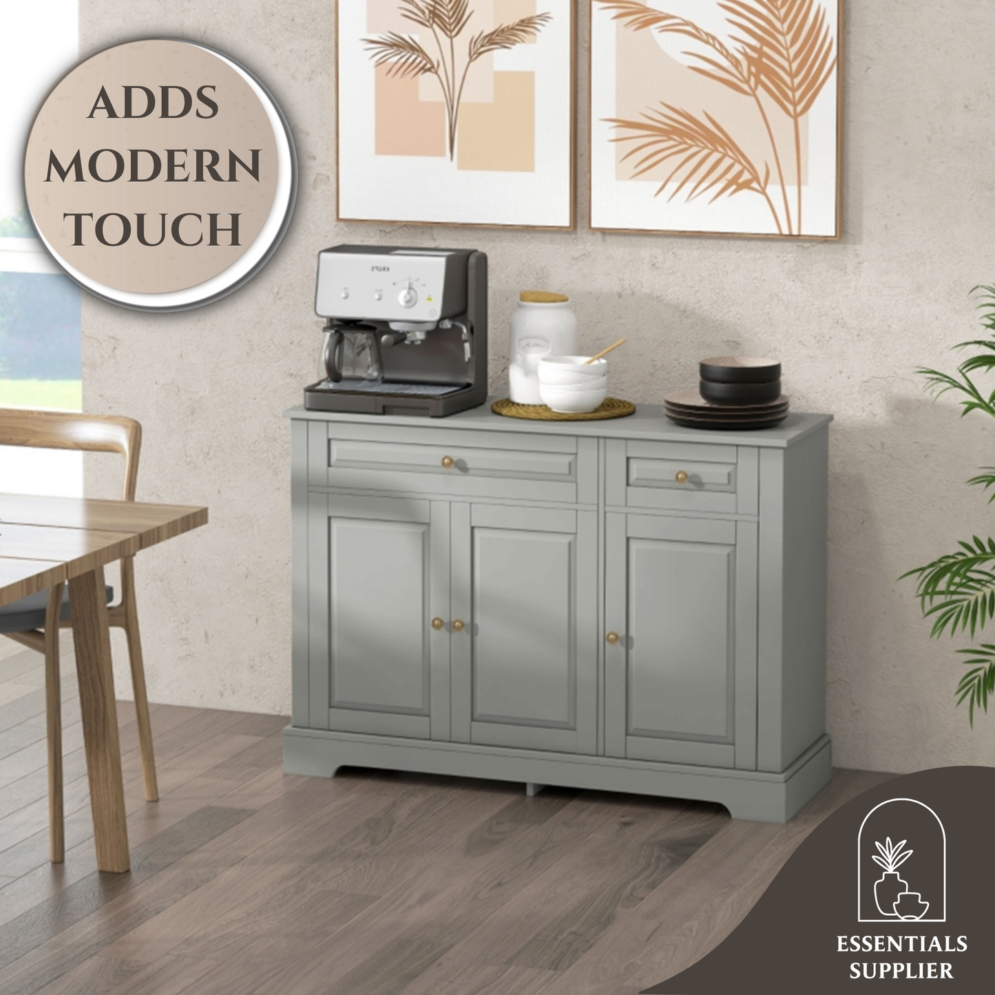 Gray Kitchen Storage Cabinet – 3 Doors, 2 Drawers, Adjustable Shelves