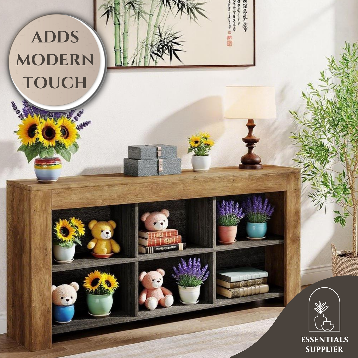 Rustic Brown 6-Cube Long Console Table – Industrial Low Bookshelf & TV Stand